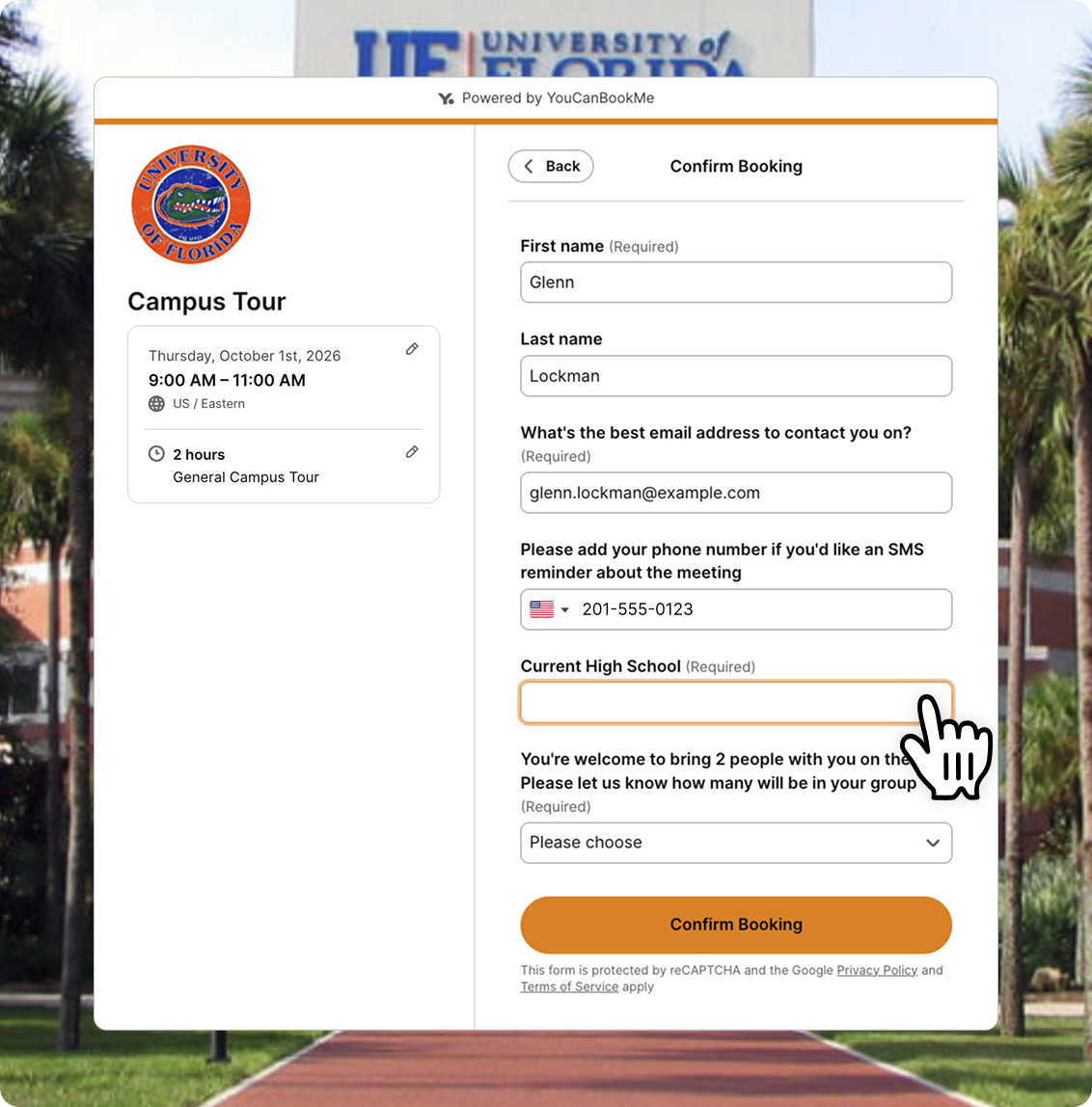 Example of a Booking form for college campus tours