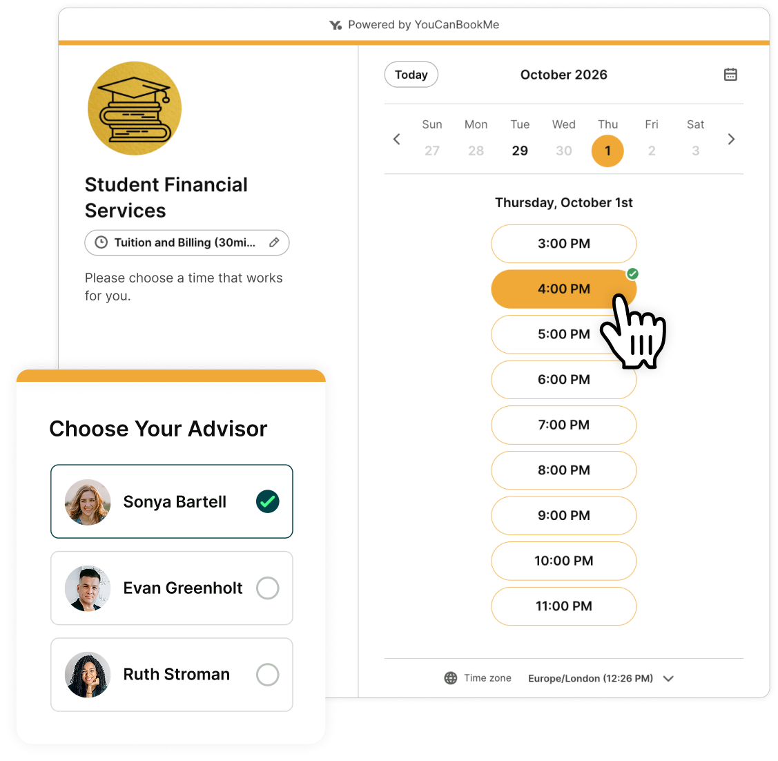 Give students the option to book with specific academic advisors from your booking page