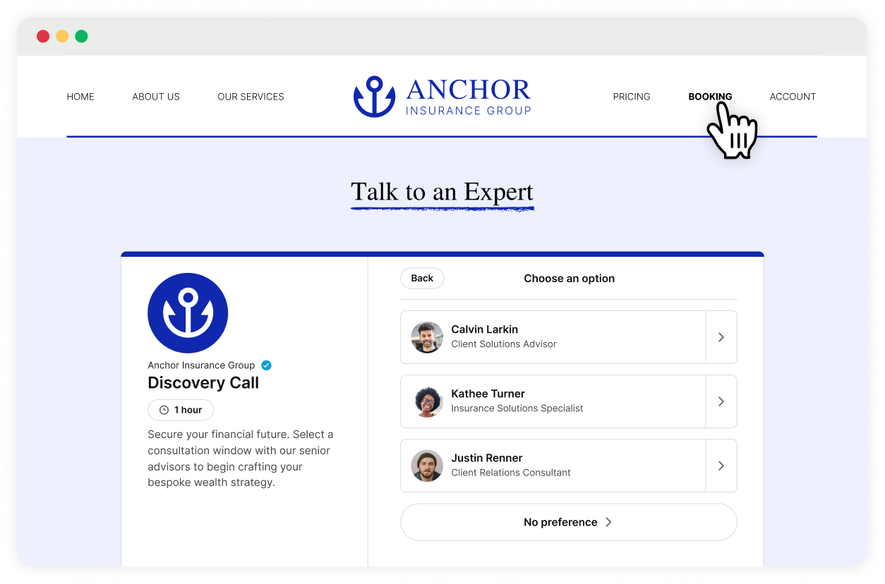 booking page for insurance