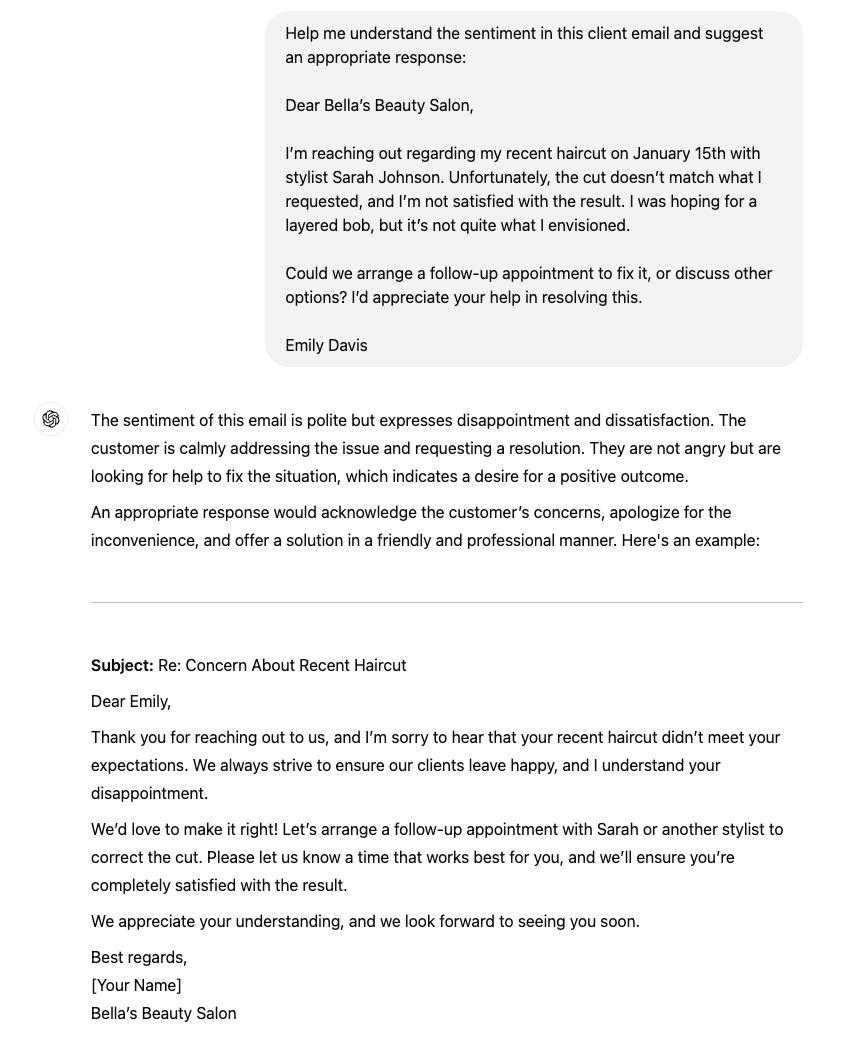 Chat GPT for small business understanding sentiment in client email