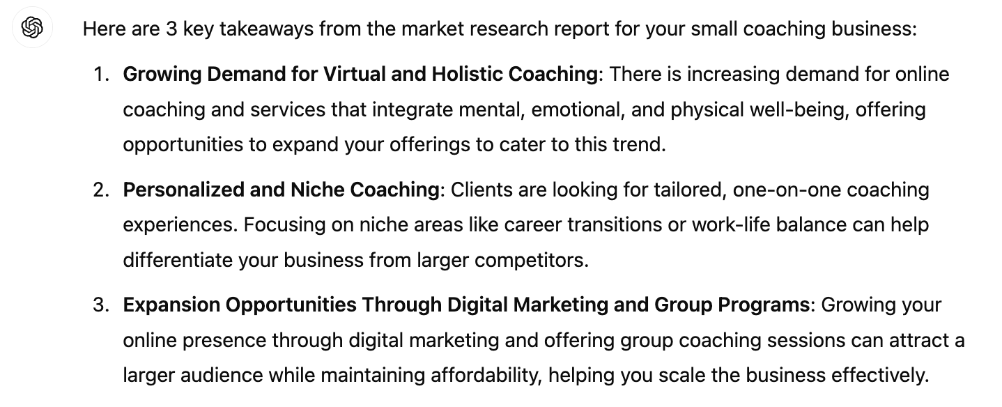 ChatGPT for small business market research report takeaways