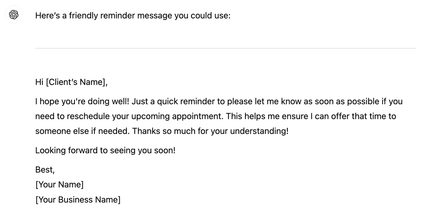 ChatGPT for small business reschedule appointments reminder message