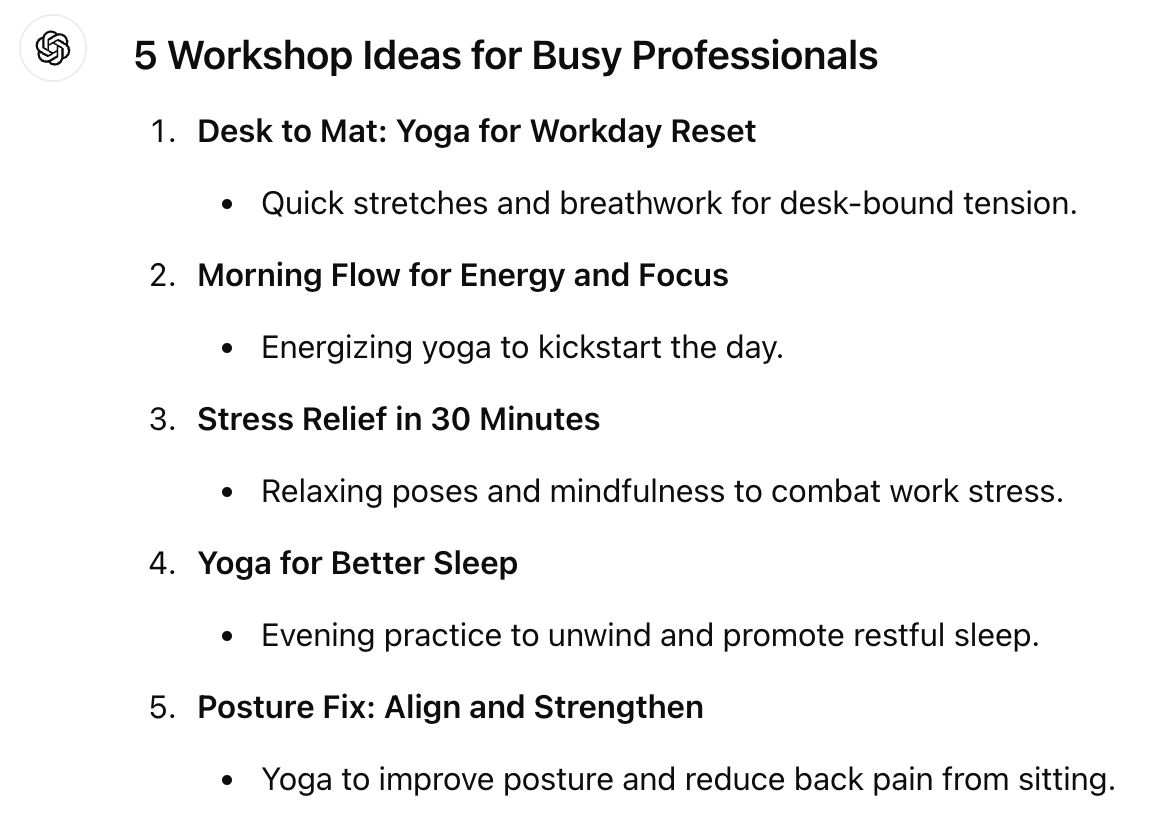 ChatGPT for small business workshop ideas for busy professionals