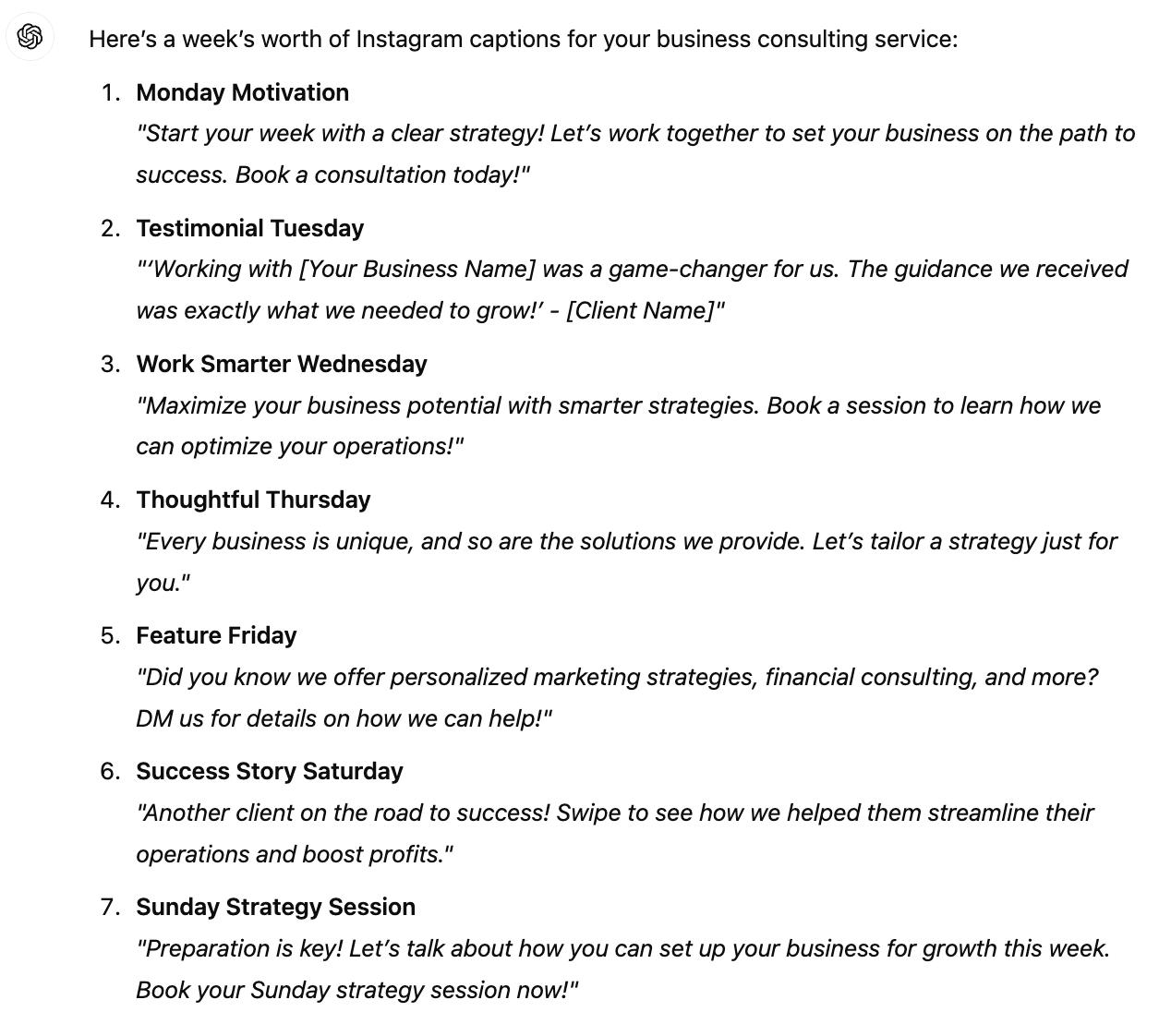 ChatGPT for small business instagram captions