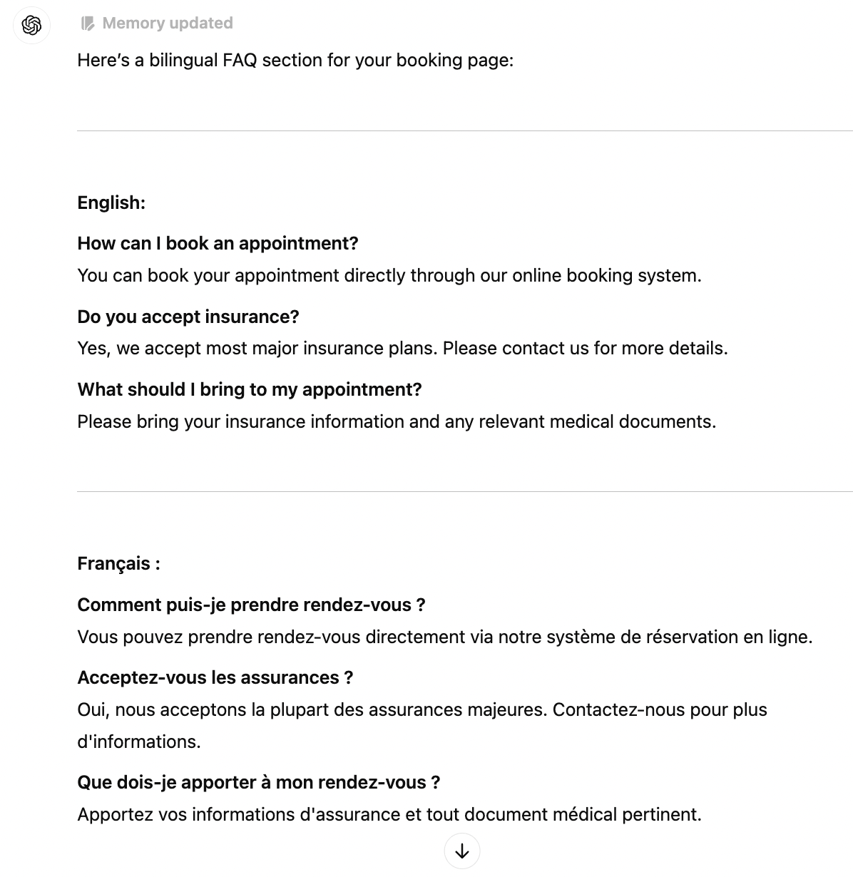 ChatGPT for small business english french faqs