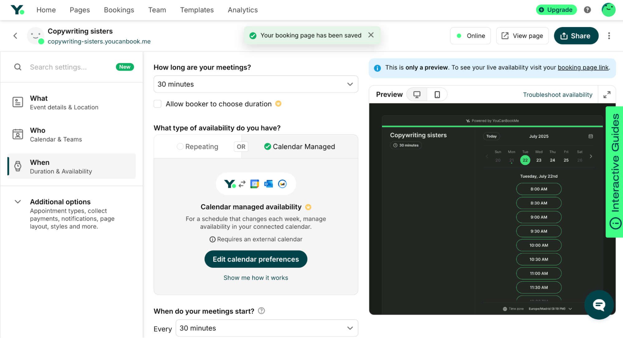 calendar managed availability youcanbookme
