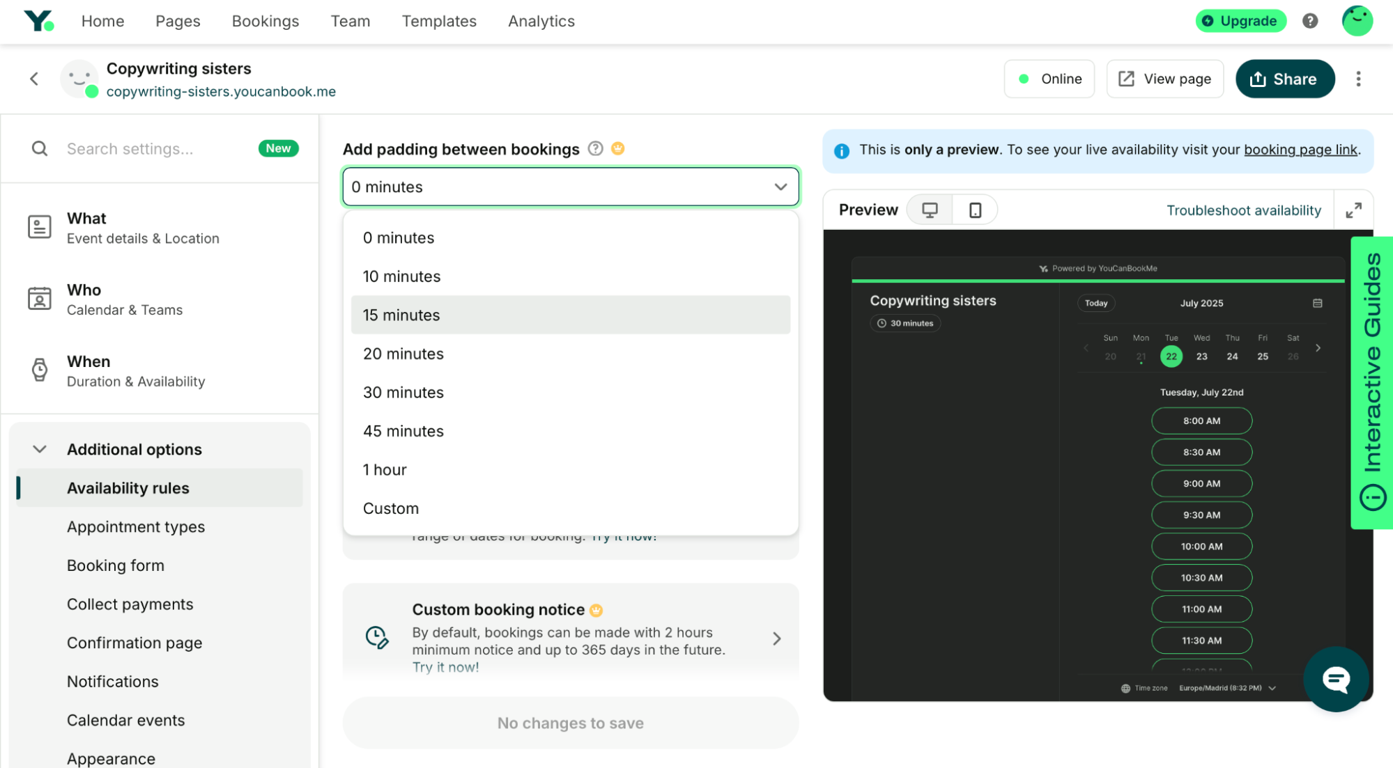 youcanbookme padding between meetings