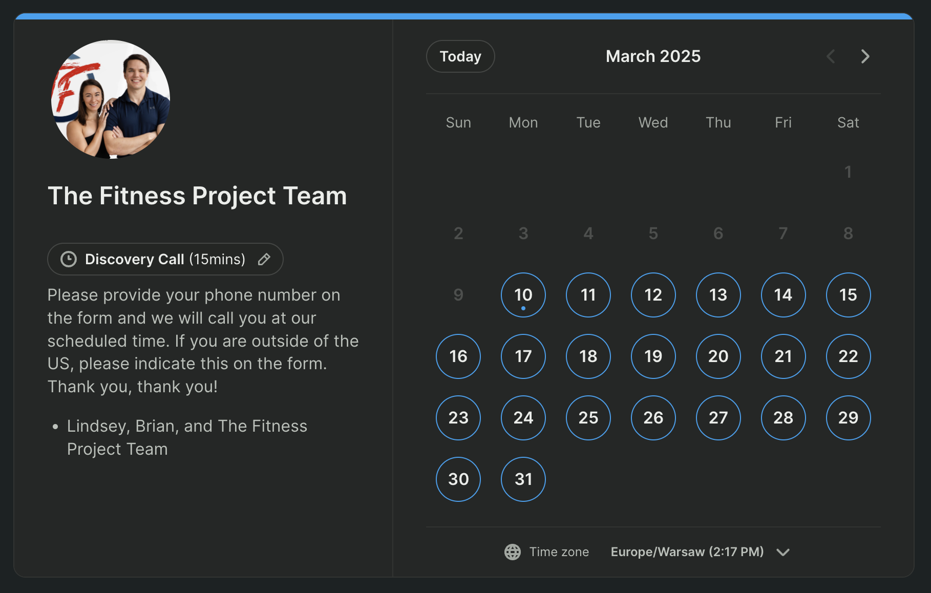 Discovery call appointment type for fitness trainers on booking page