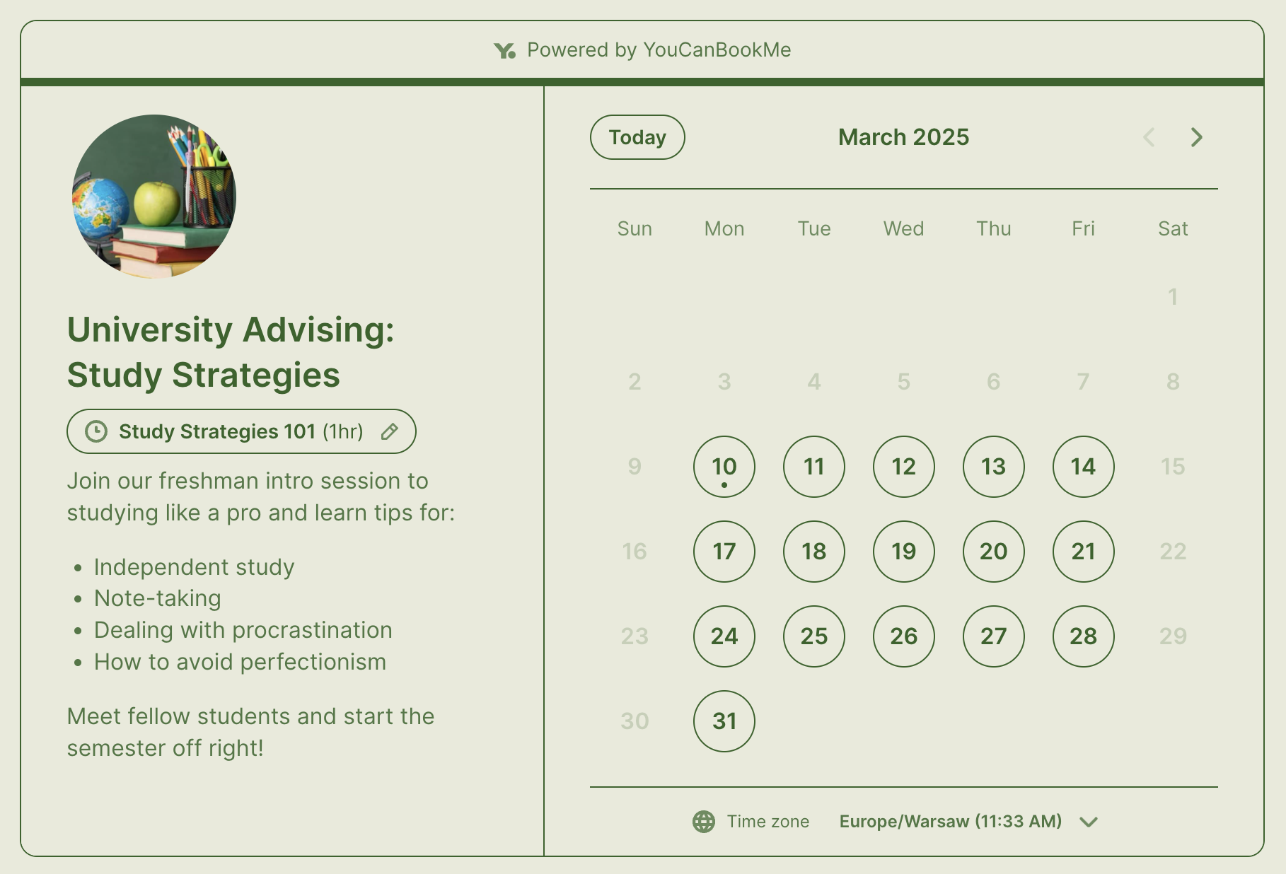 Group advising appointment type on booking page