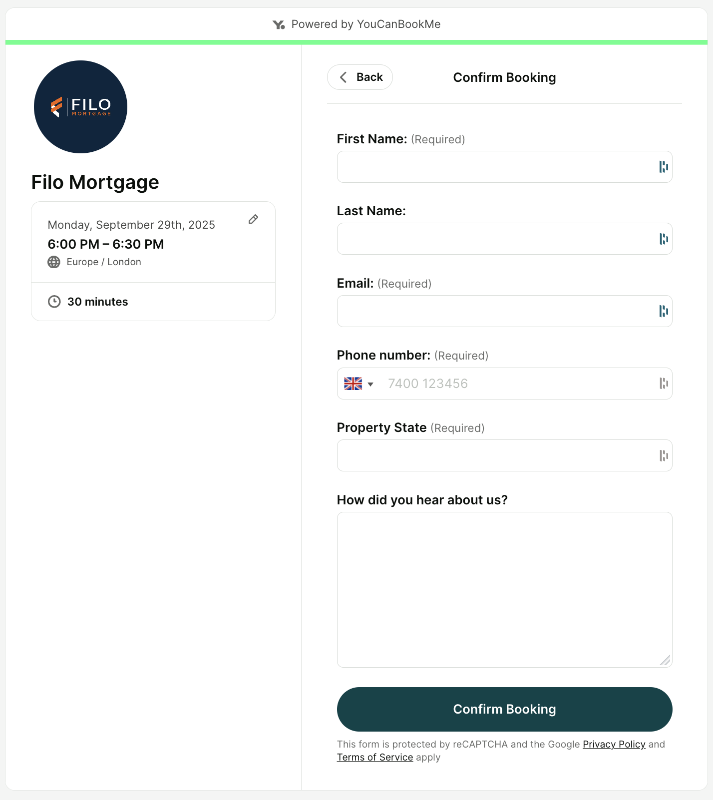 Filo Mortgage's YouCanBookMe booking form