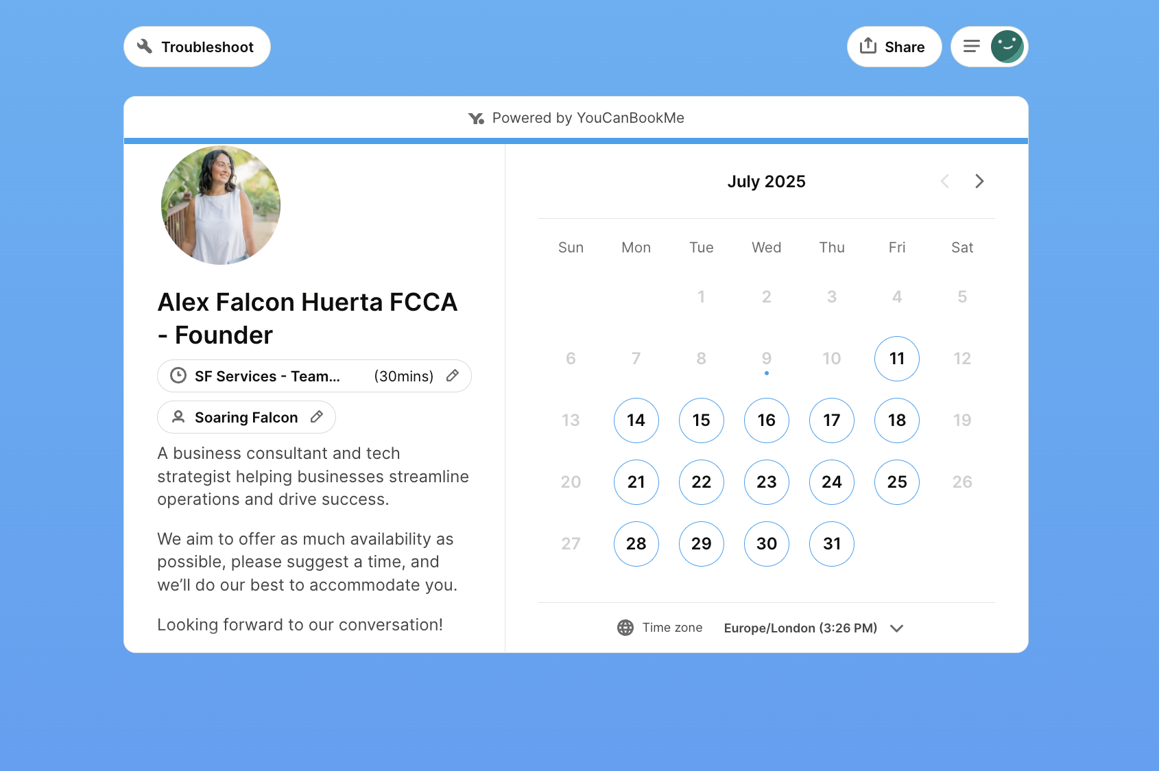 Soaring Falcon YouCanBookMe booking page