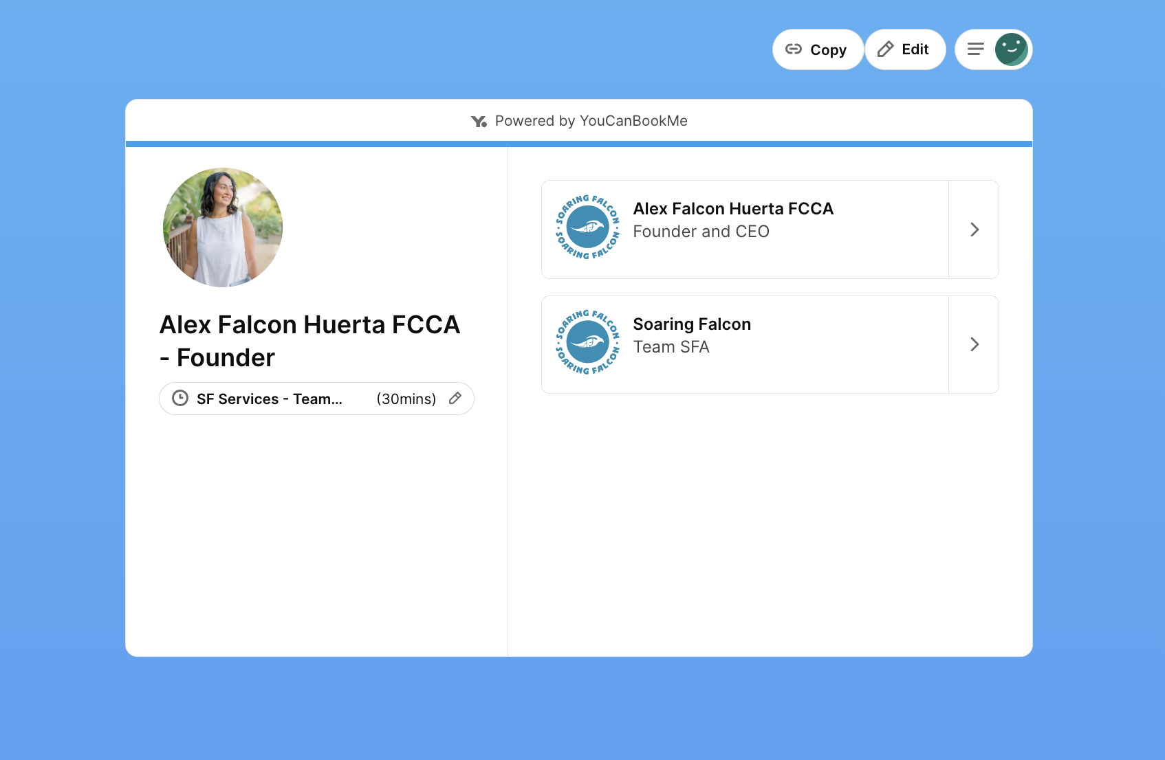 Soaring Falcon booking page made via YouCanBookMe