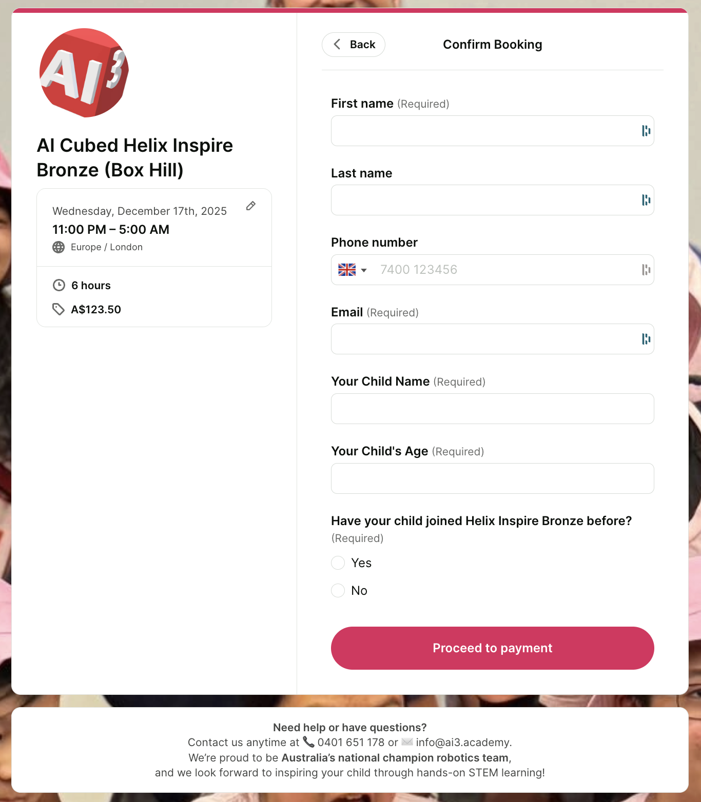 AI Cubed Academy's YouCanBookMe booking form