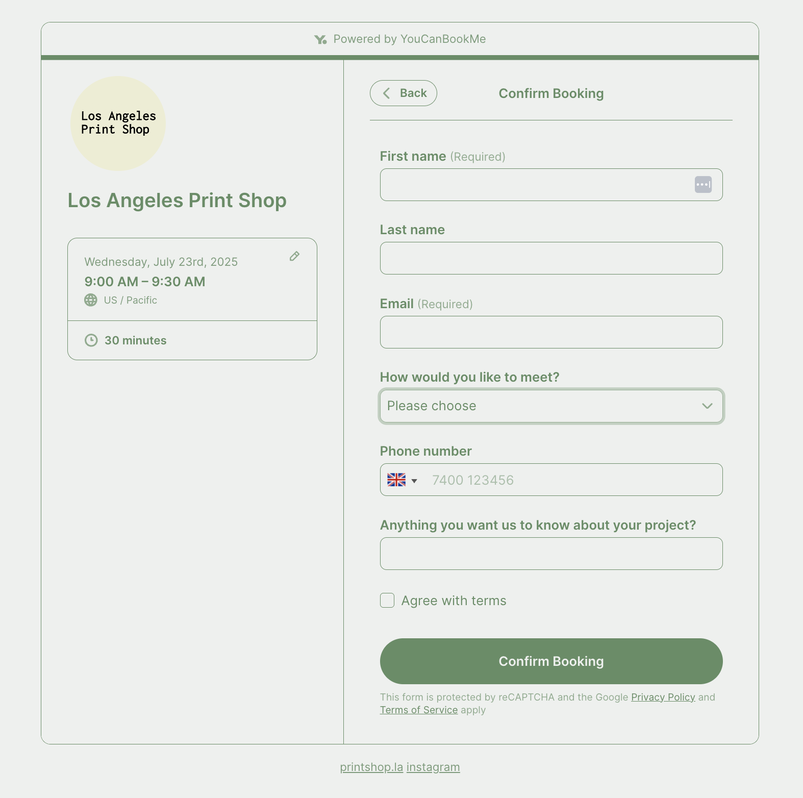 Long Angeles print shop booking form