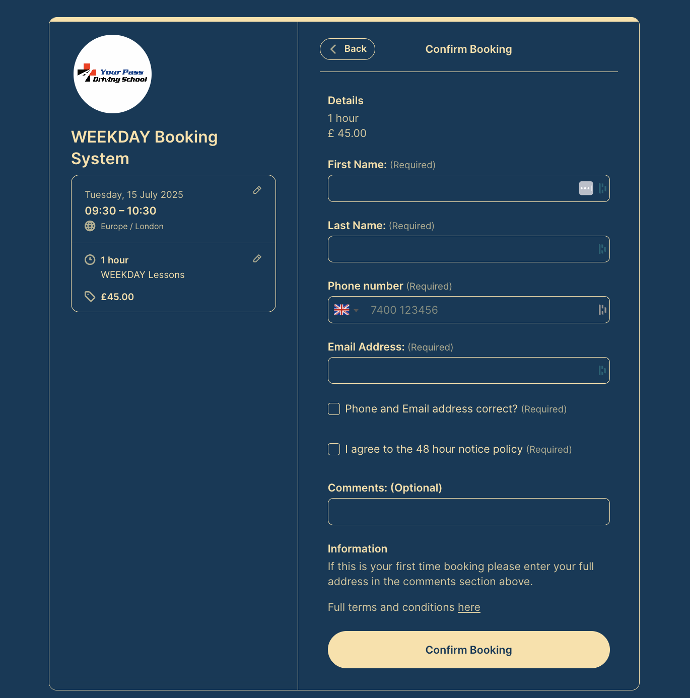 Gary Russell's booking page confirmation