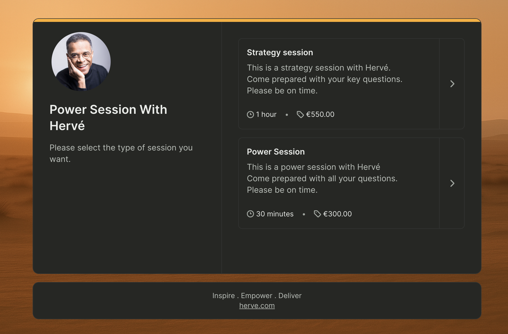 Leadership coaching booking page example