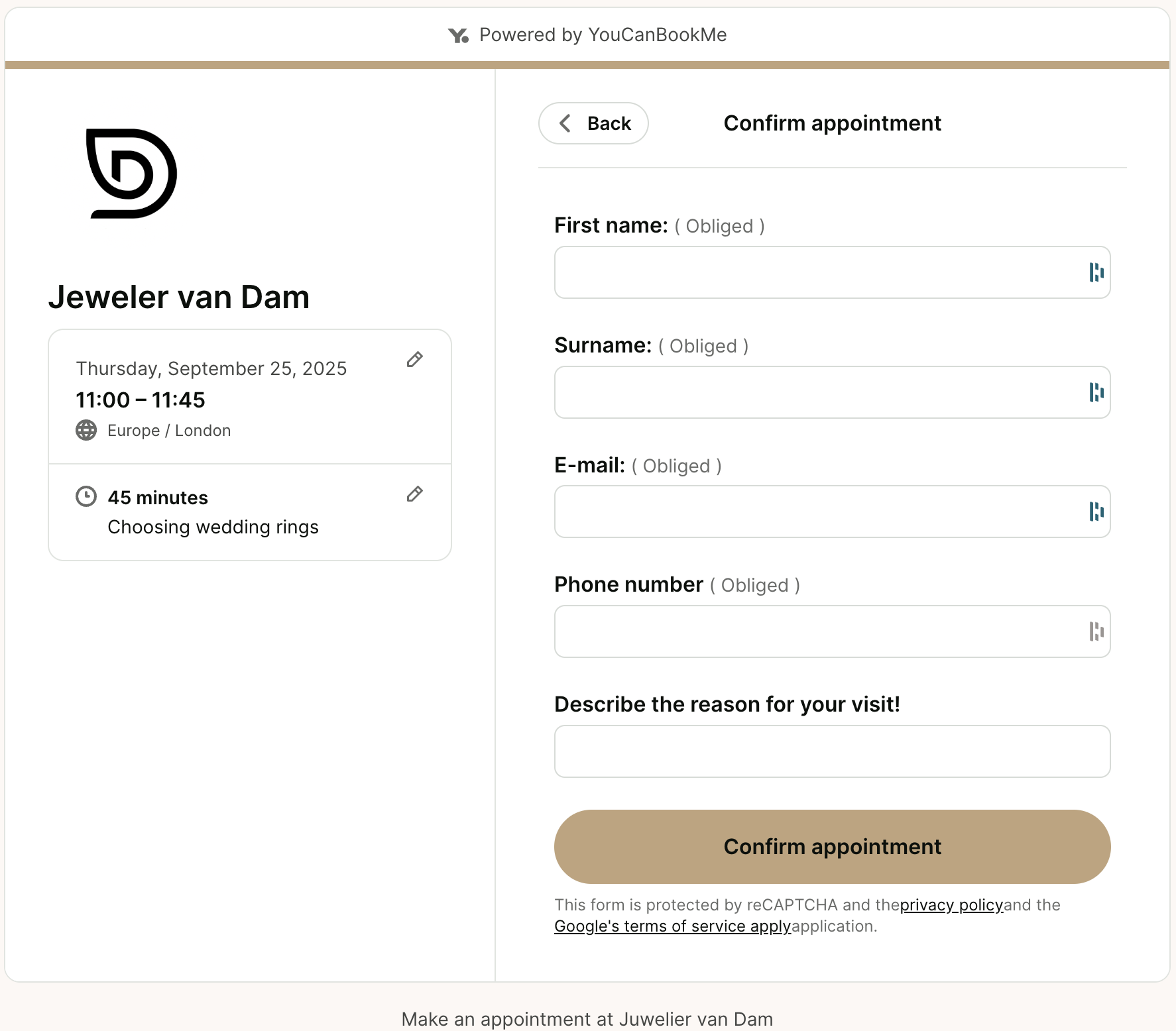 custom booking form with youcanbookme