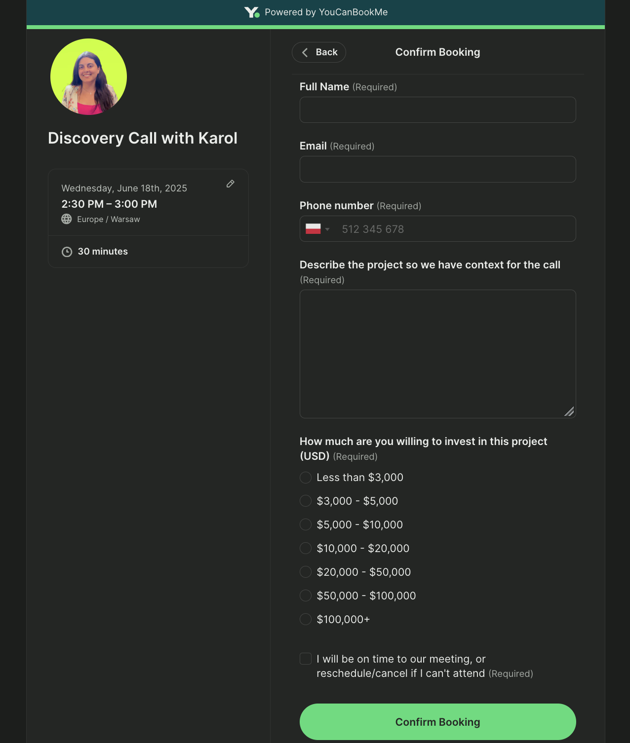Karol Djana booking form