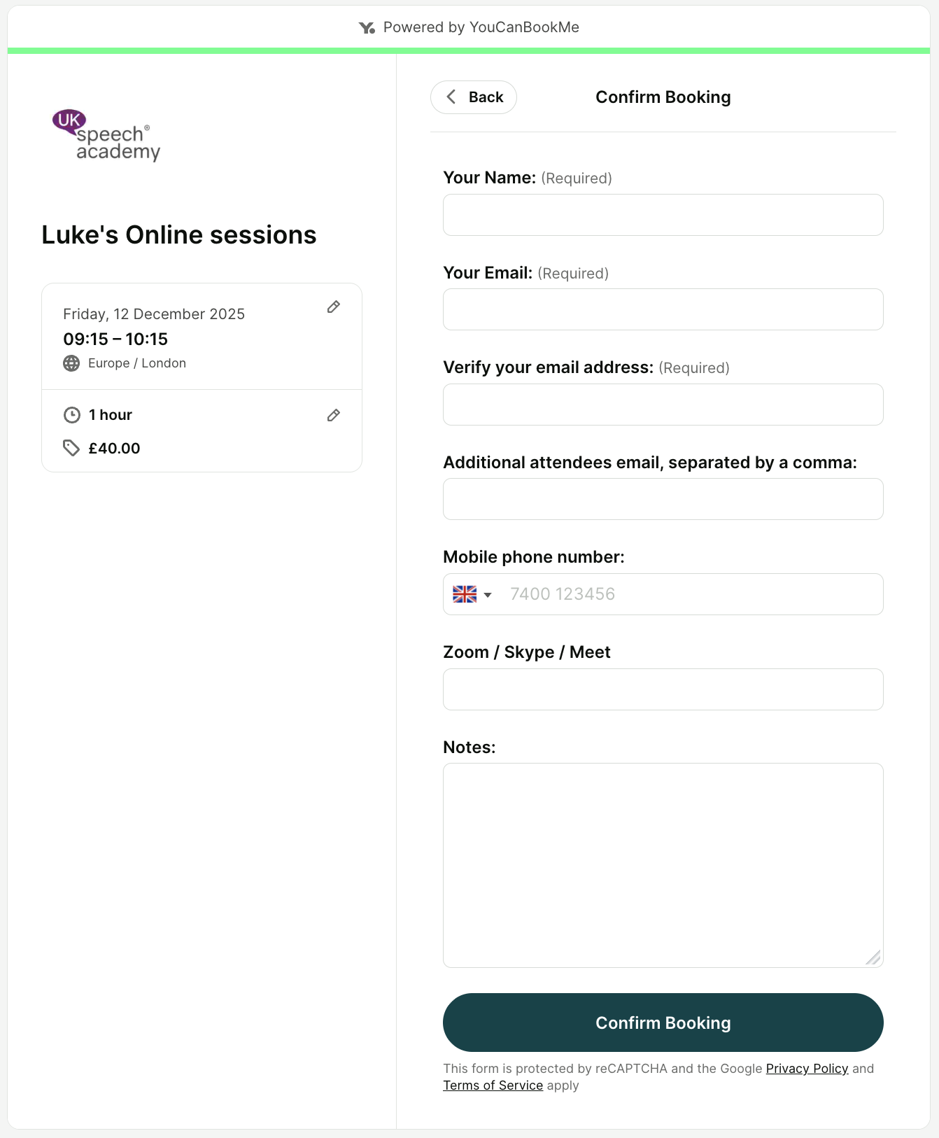 UK Speech Academys YouCanBookMe booking form