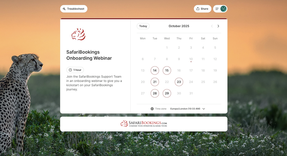 SafariBooking onboarding webinar booking page