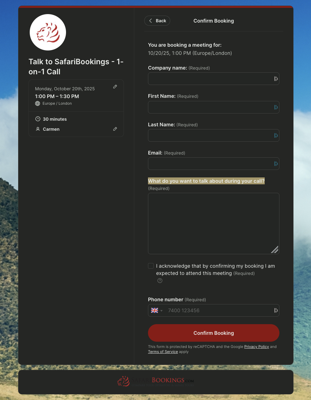 SafariBookings one-on-one call booking form