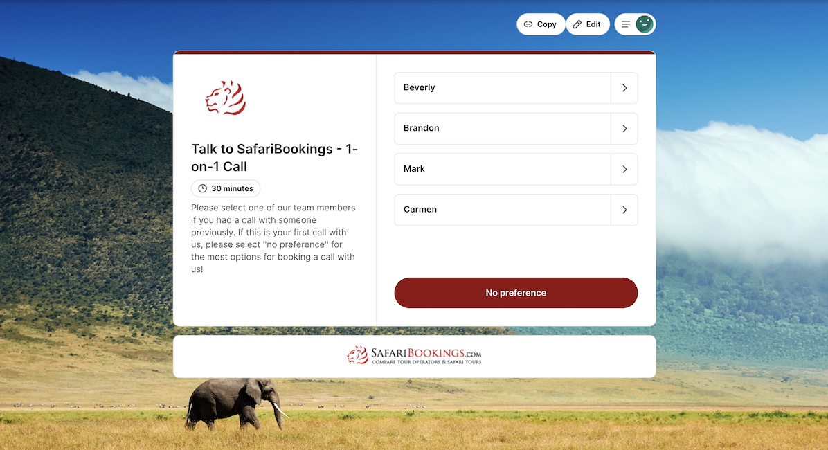SafariBookings one-on-one call booking page