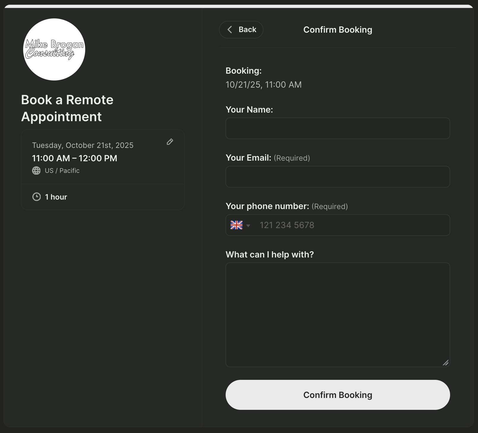 Mike Brogan's customized booking form