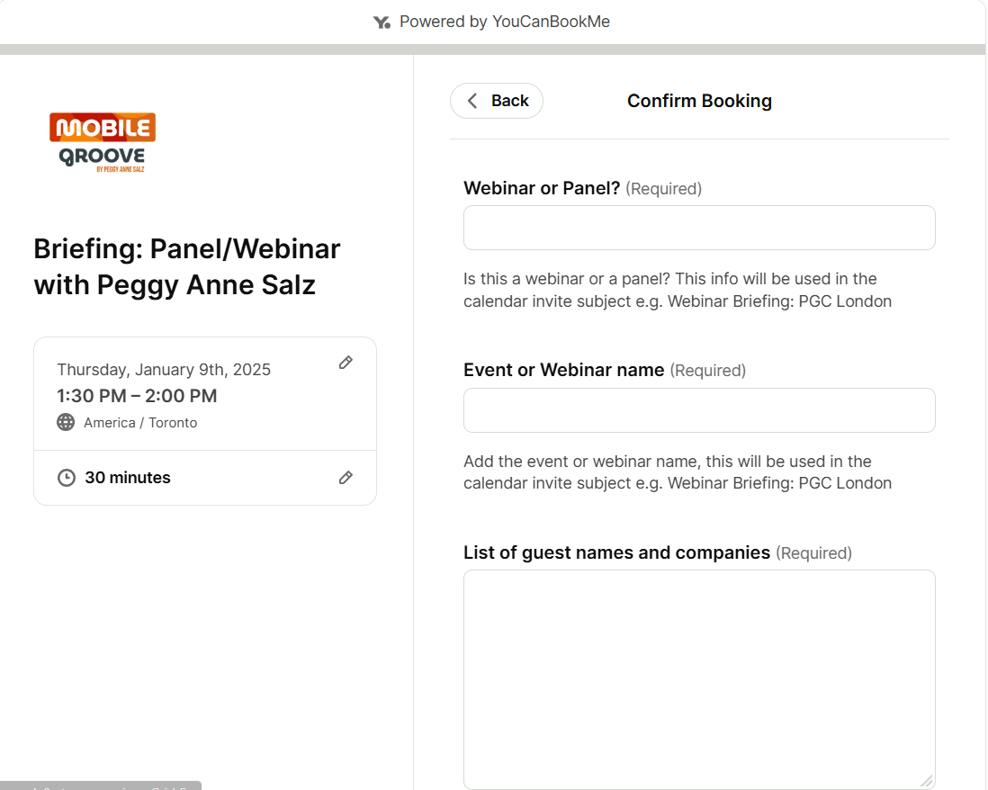 Mobile Groove Booking Form made via YouCanBookMe's scheduling assistant