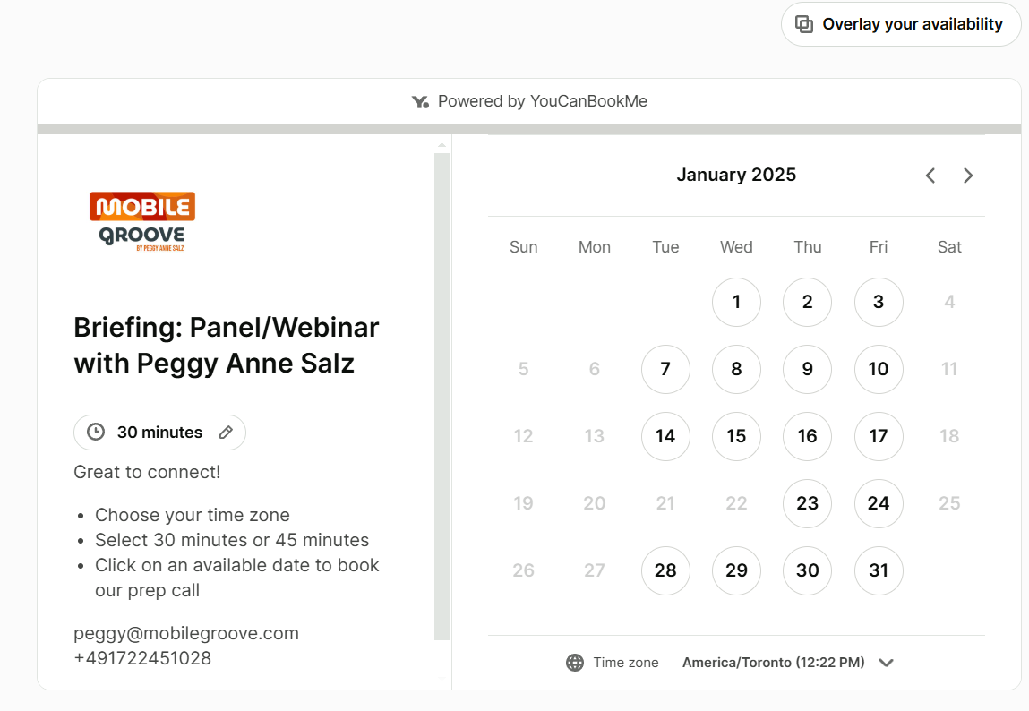 Screenshot of Peggy Ann Salz’s ‘Briefing: Panel/Webinar’ booking page with a 30-minute option and calendar overlay feature. This was created using YouCanBookMe, her smart scheduling assistant.