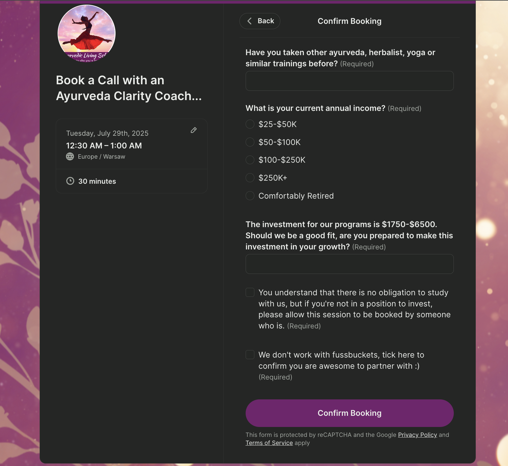 Ayurvedic Living customized booking form with required terms