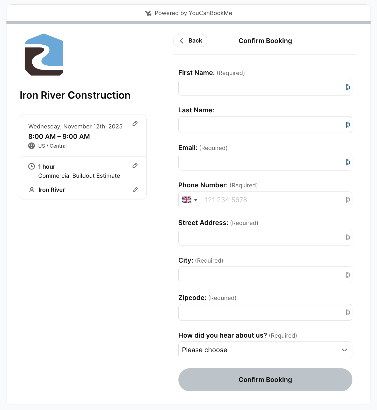Iron River Construction's YouCanBookMe booking form