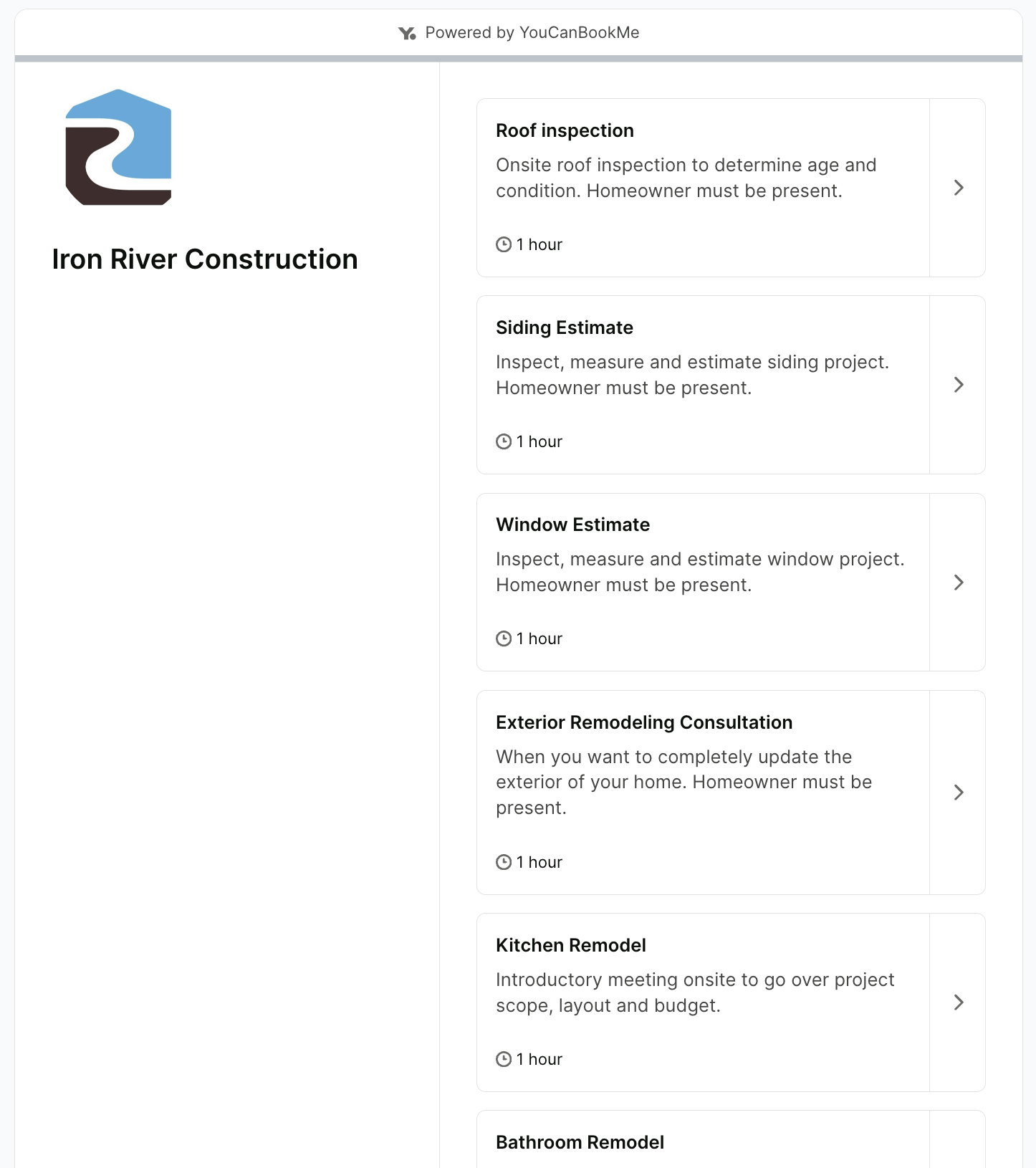Iron River Construction's YouCanBookMe booking page
