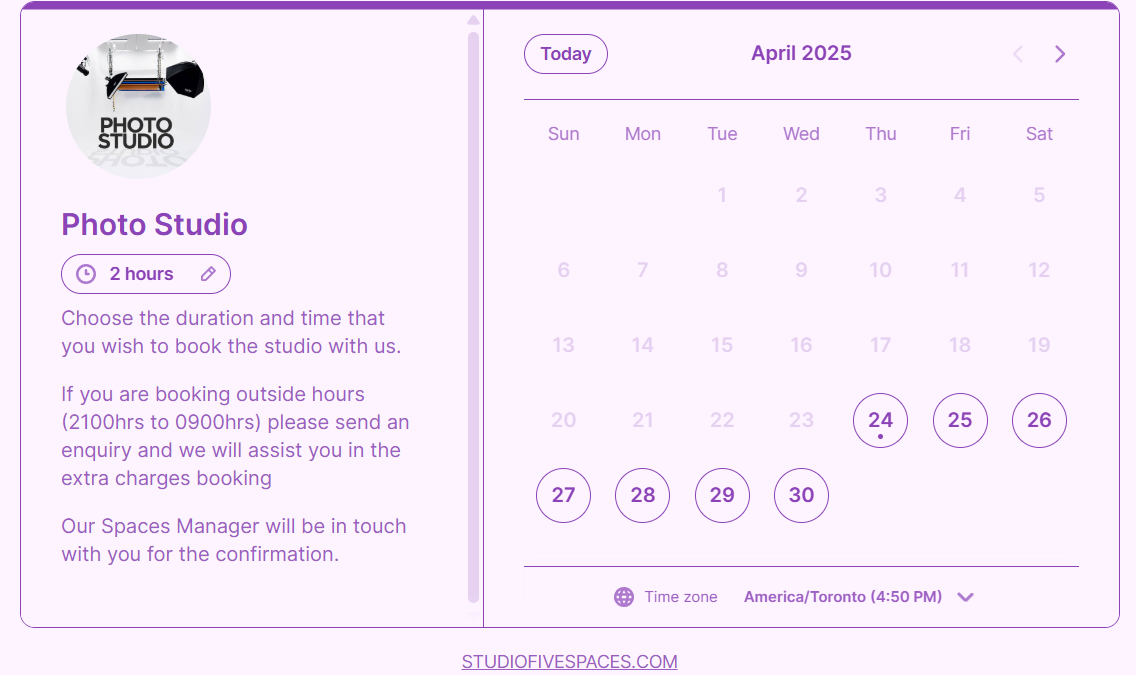 Studio 5 spaces photo studio booking page
