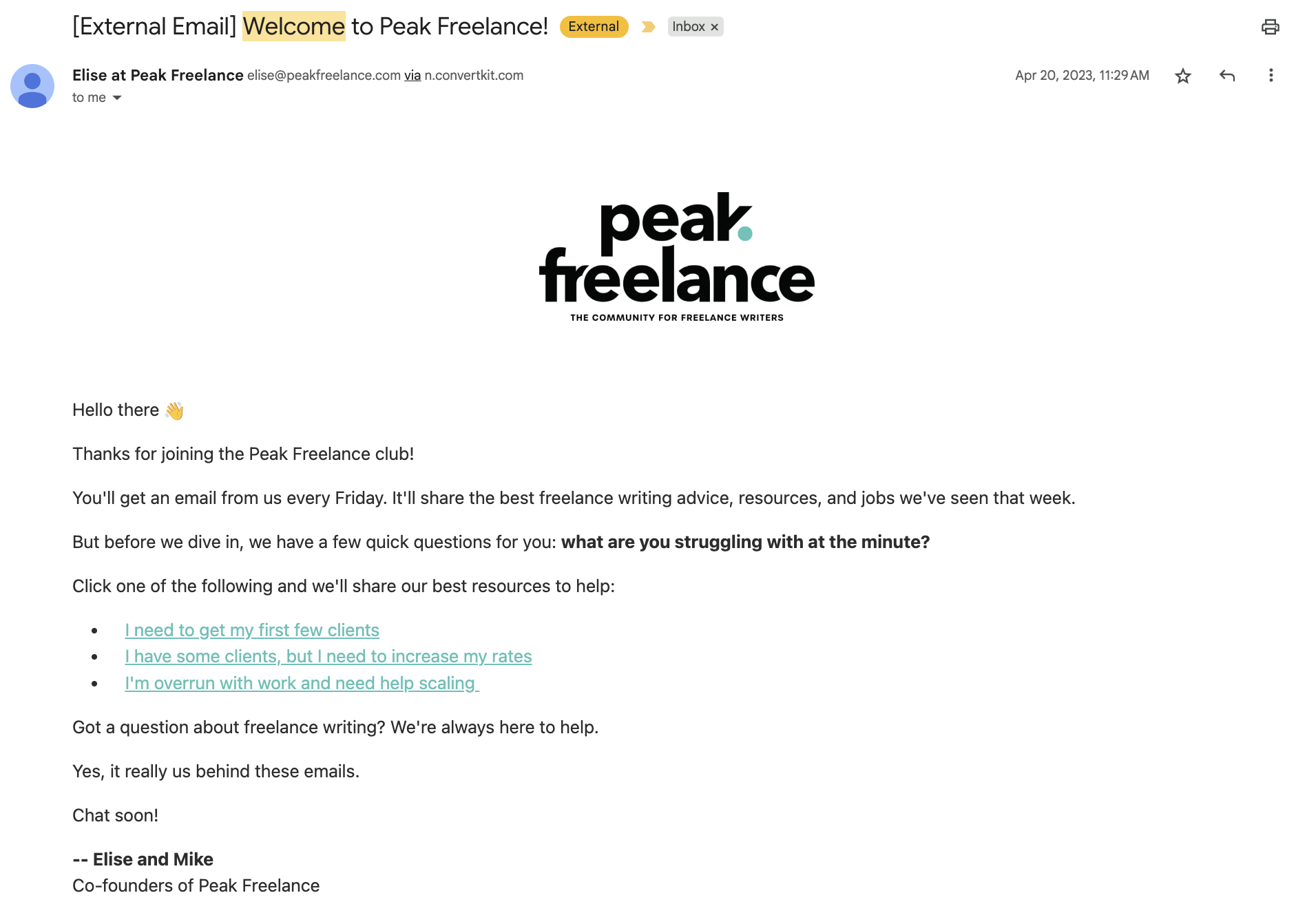 peak freelance welcome email