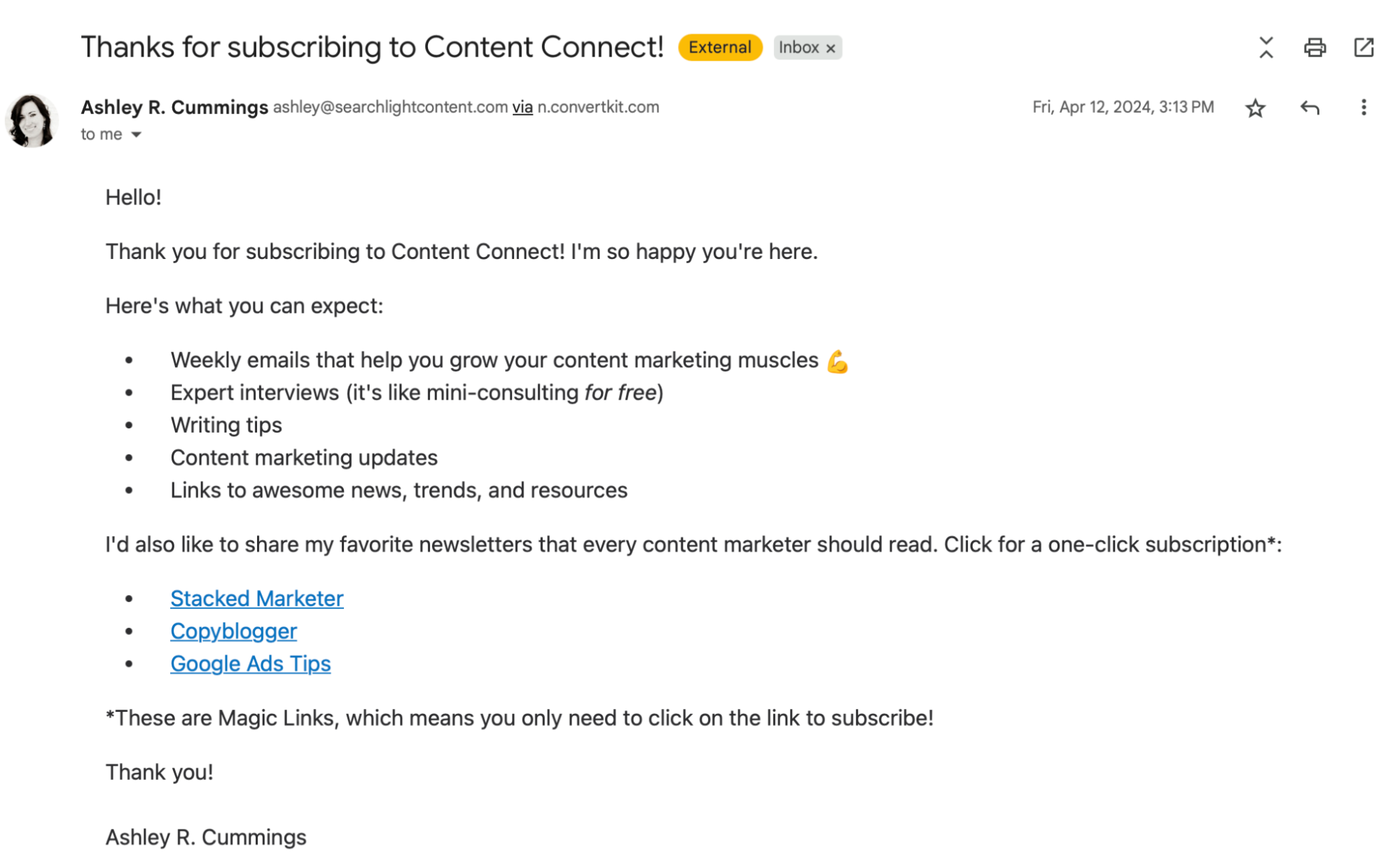 thank you for subscribing email