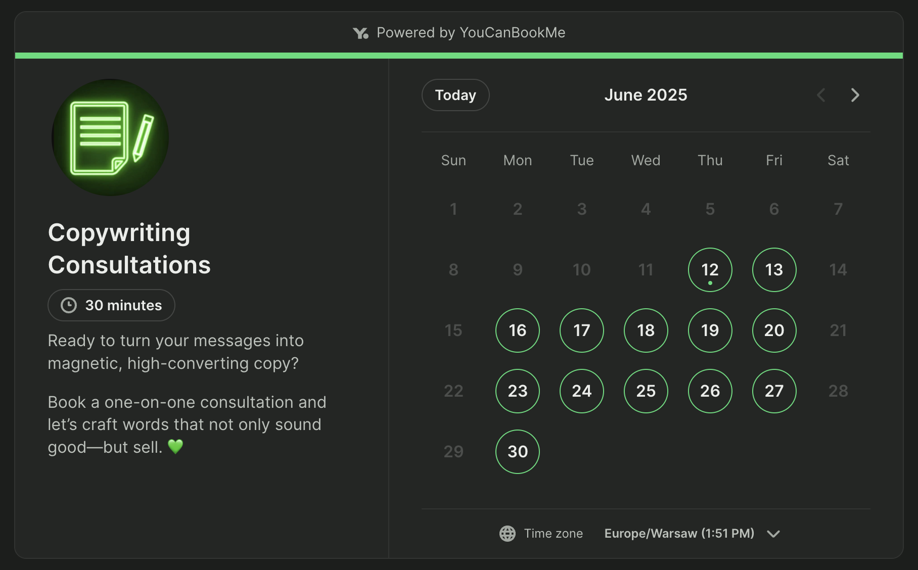 Example of a free YouCanBookMe booking page