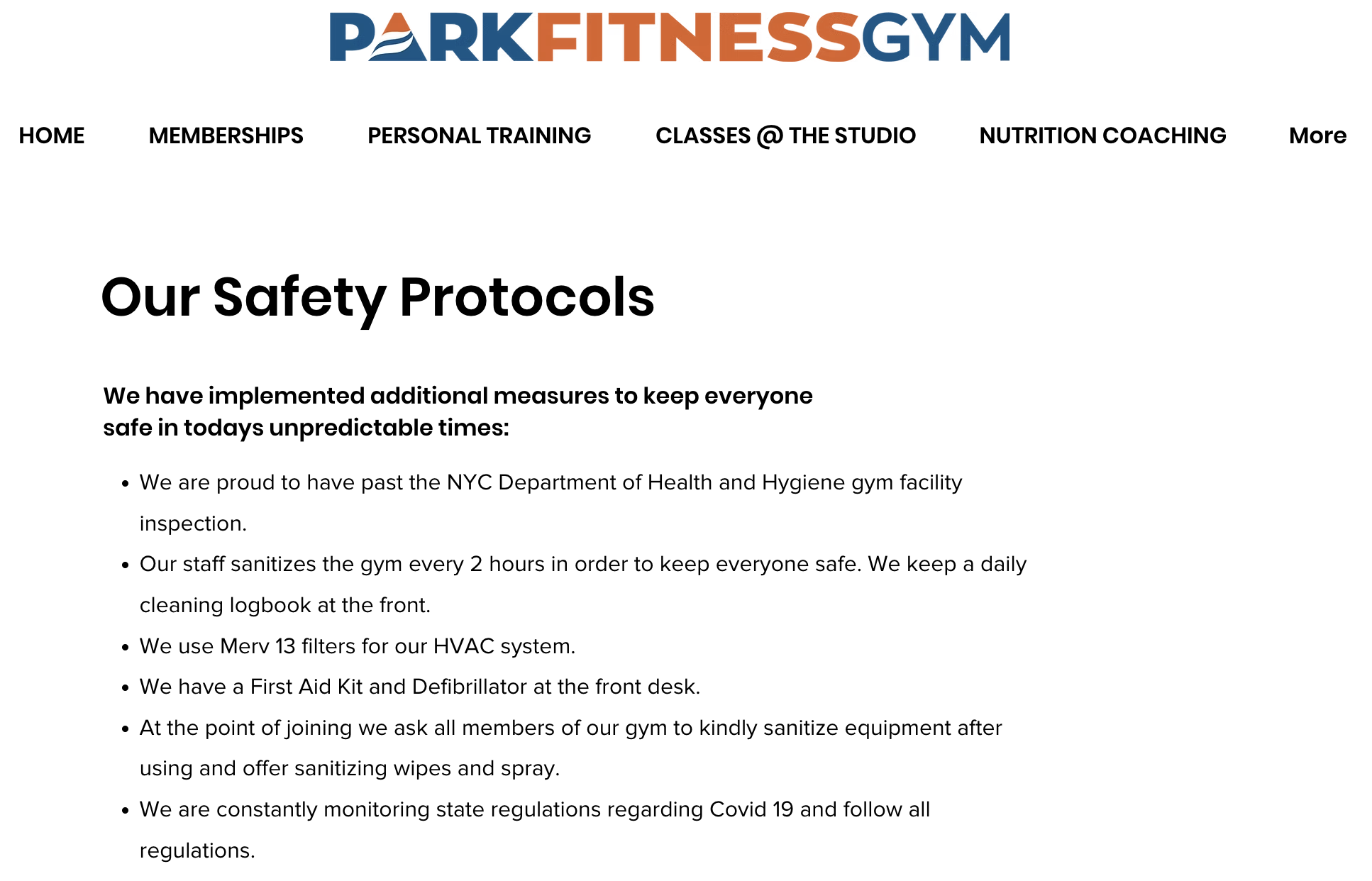 Park Fitness Gym safety protocols
