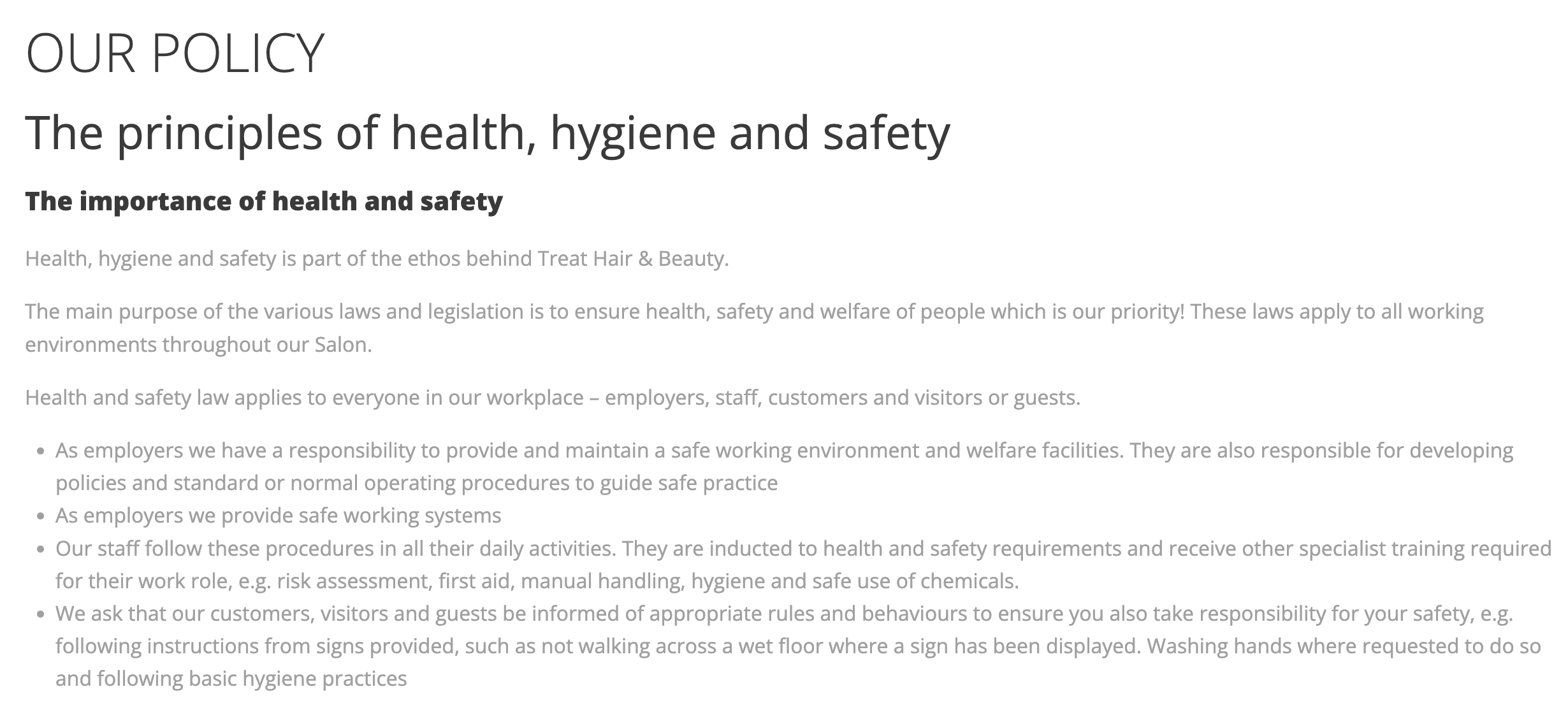 Treat Hair and Beauty health, hygiene, and safety policy