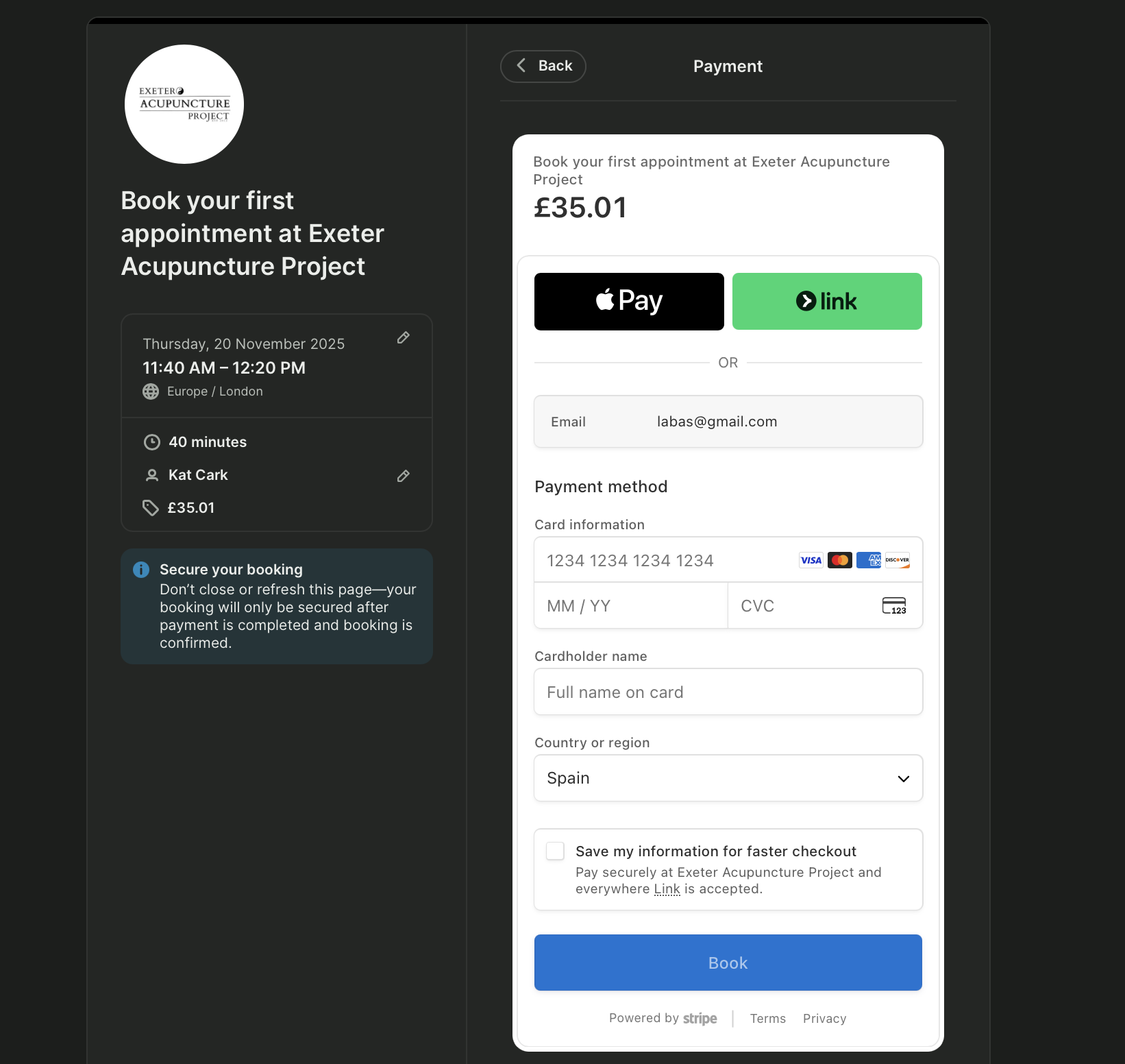 Acupuncture booking page with integrated payments