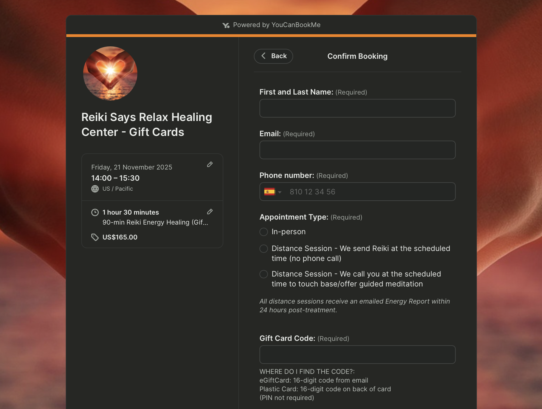 Reiki health and wellness booking form example