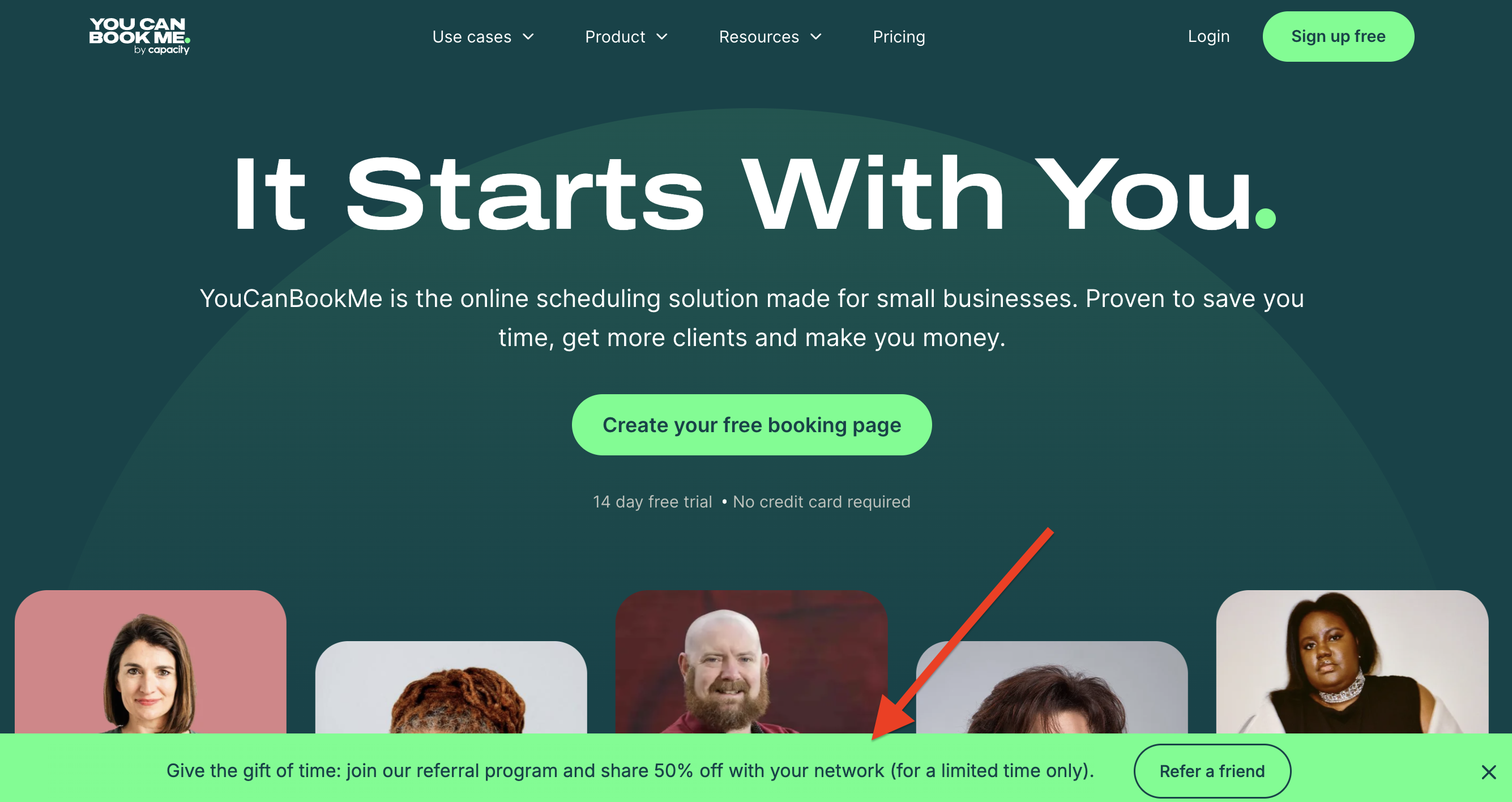 Website pop up letting users know about YouCanBookMes customer referral program