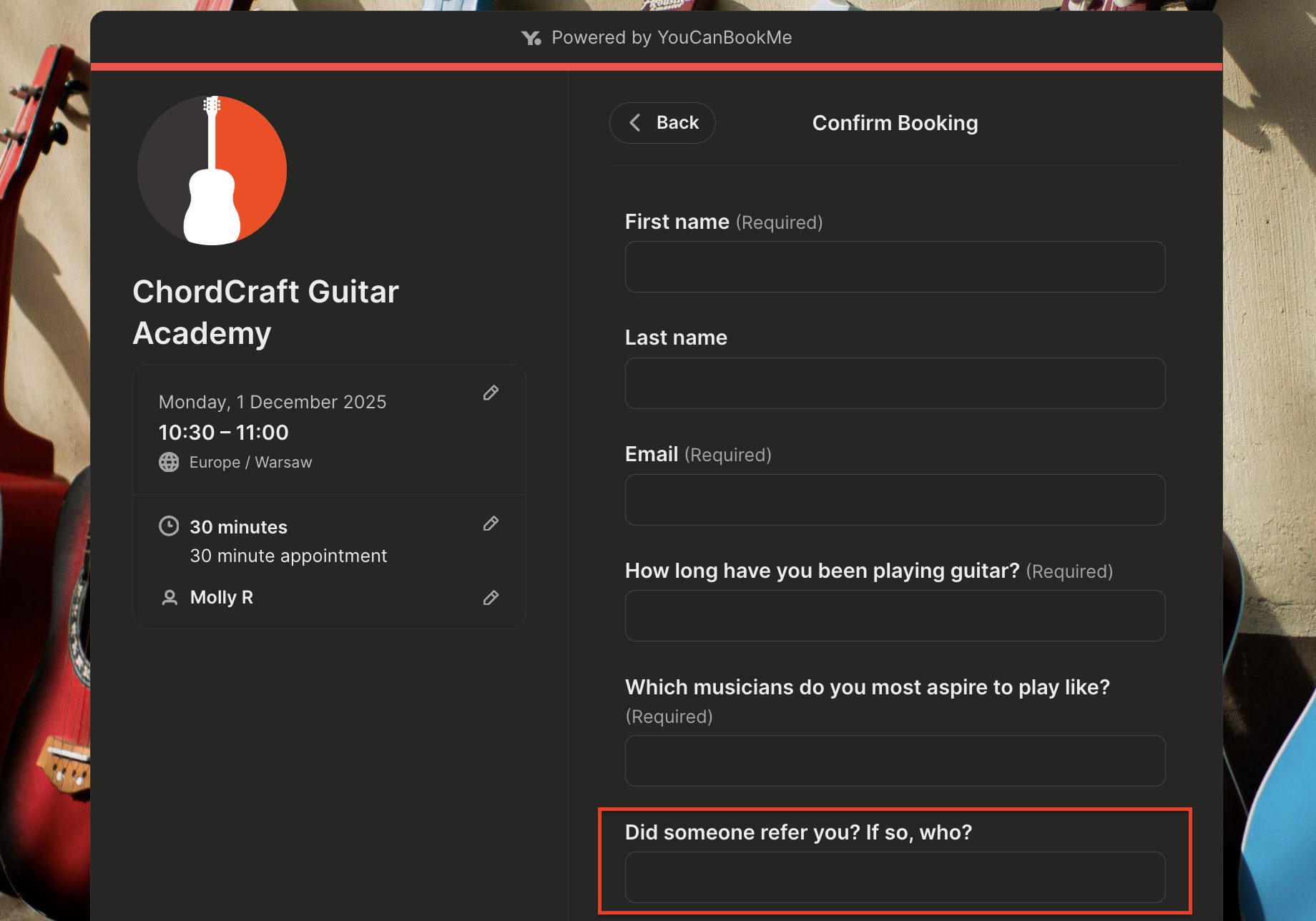 Guitar lesson booking form with a field asking who referred the user, part of a customer referral program