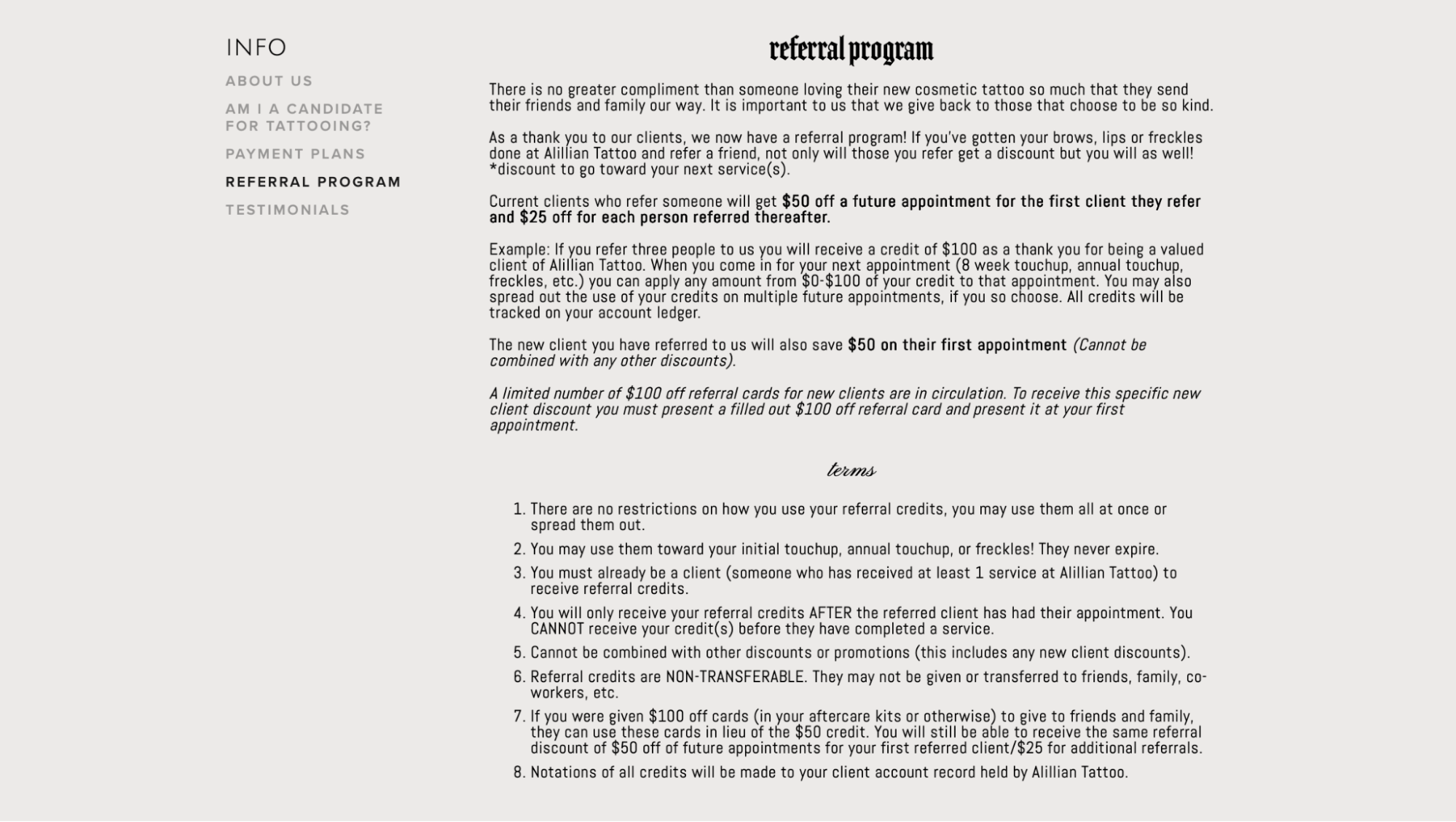 alillian tattoo customer referral program