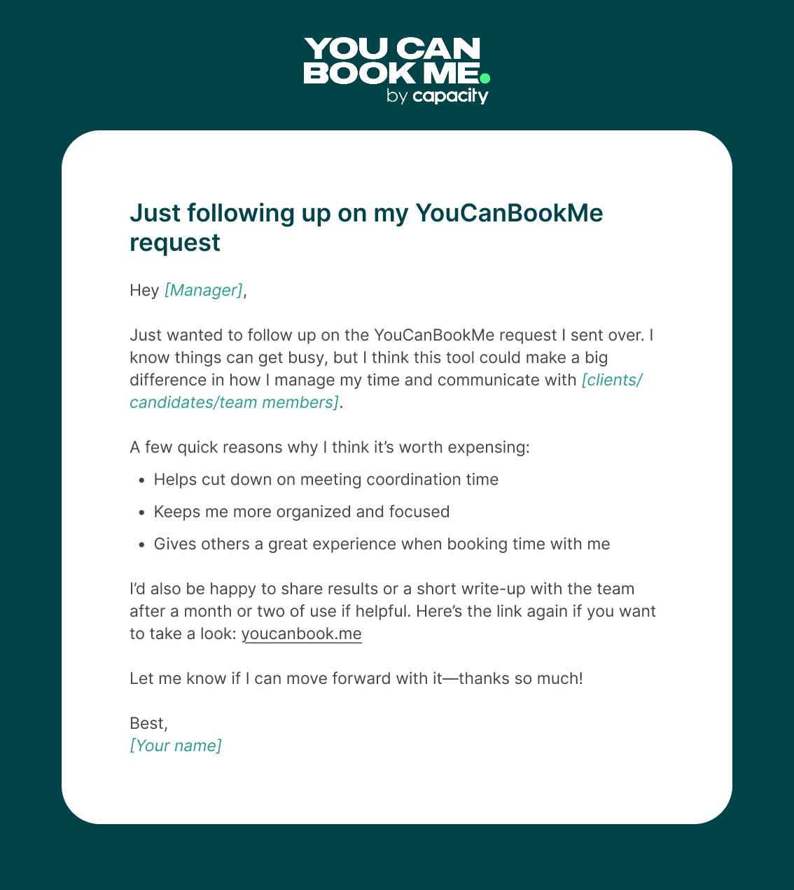 Follow up email template how to ask your company to over YouCanBookMe