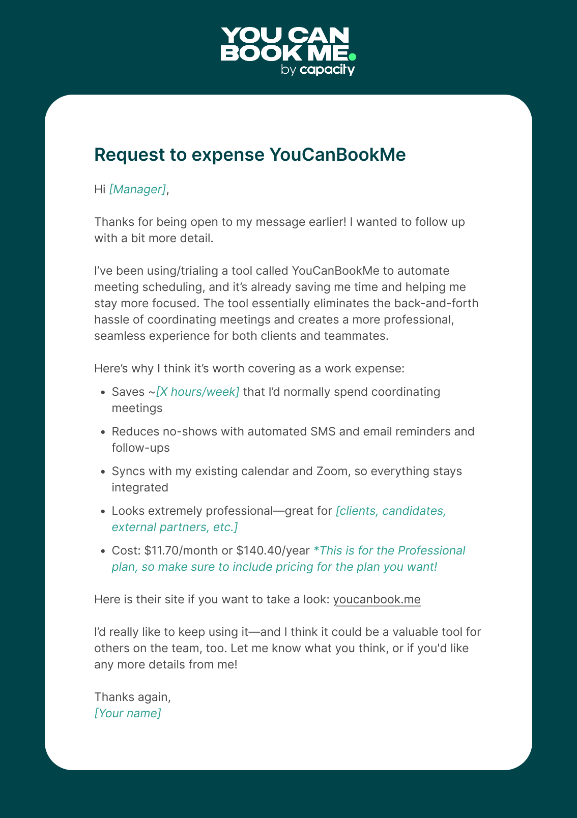 Request to expense YouCanBookMe email template