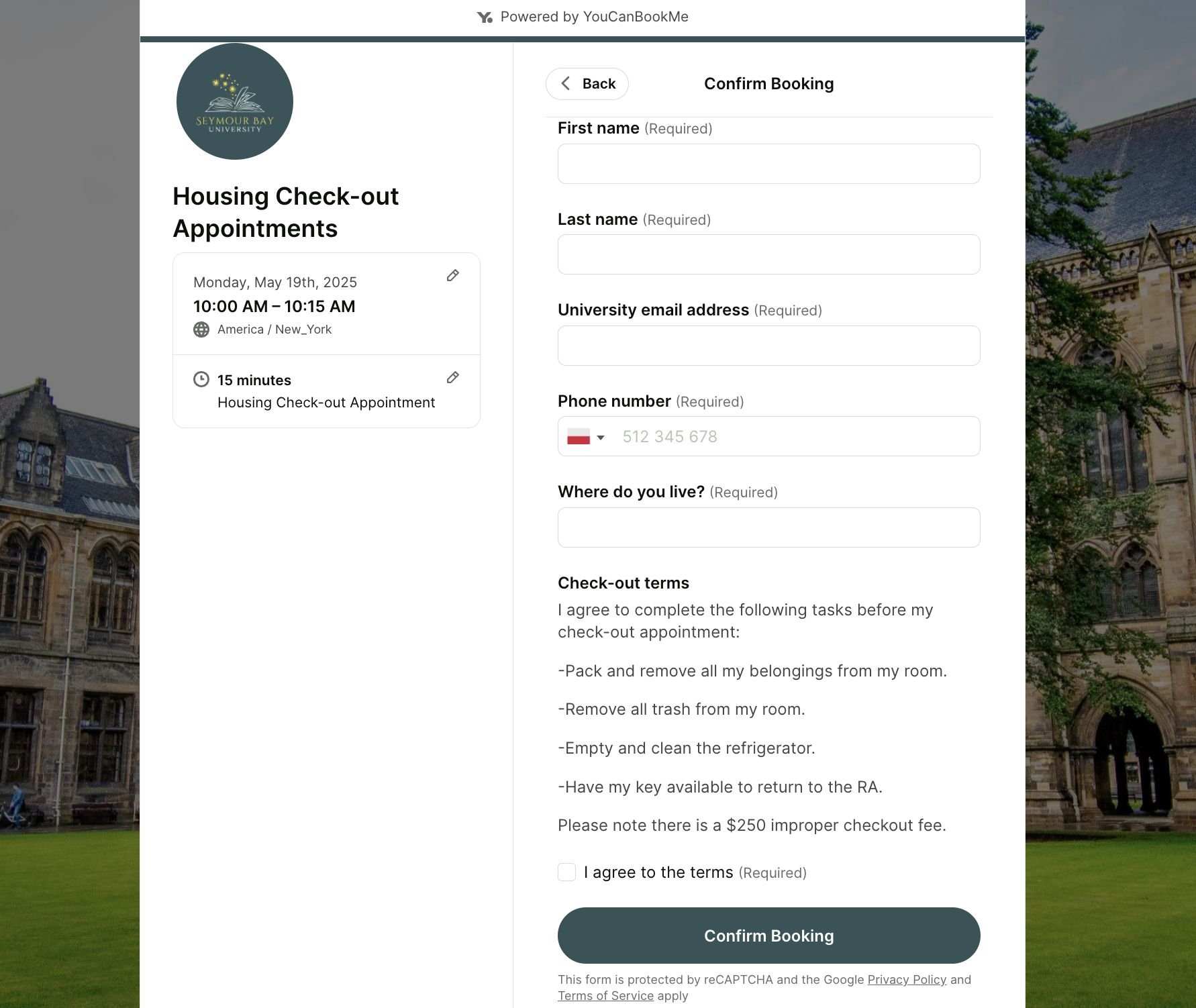 End of semester housing checkout booking form