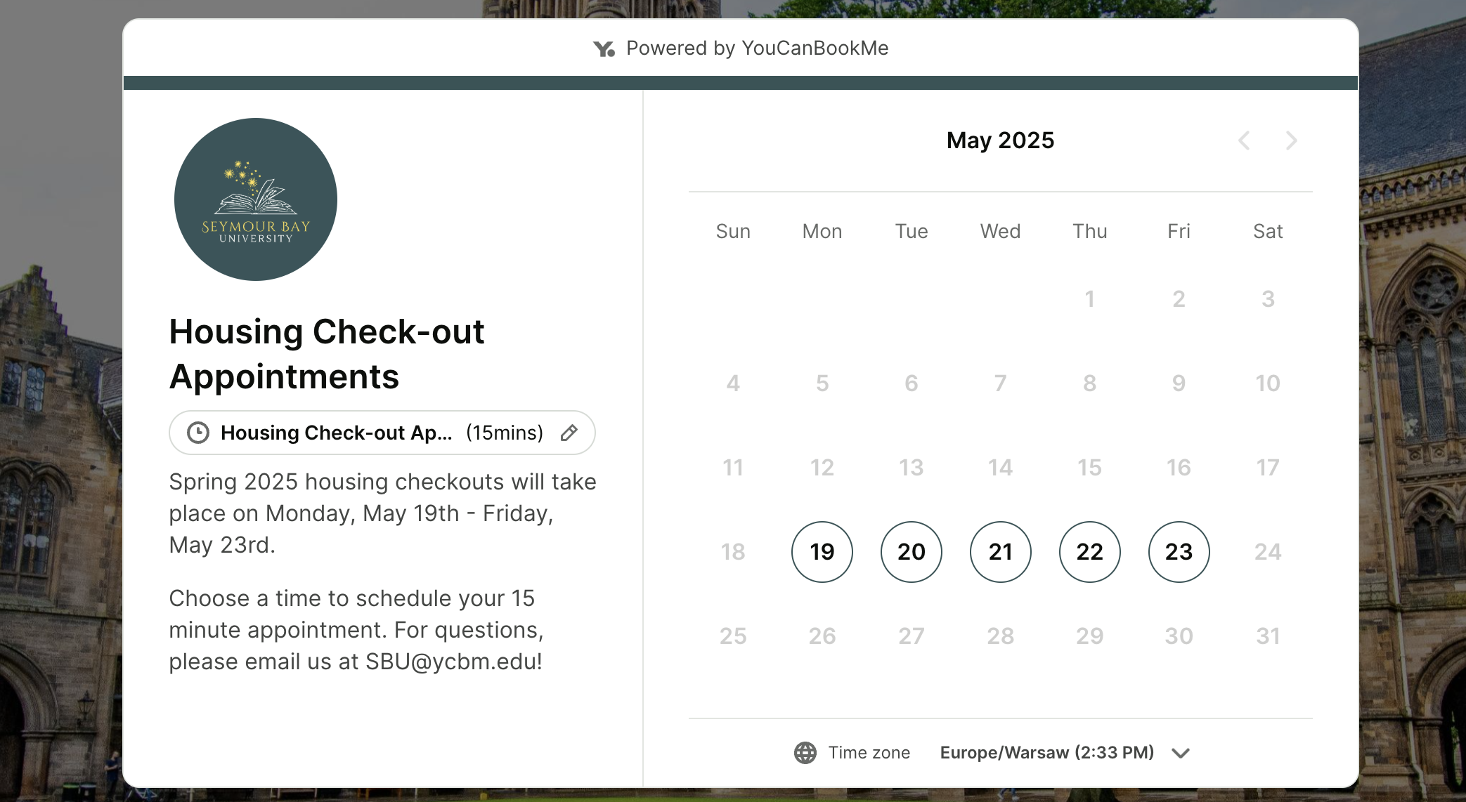 End of semester housing checkout booking page