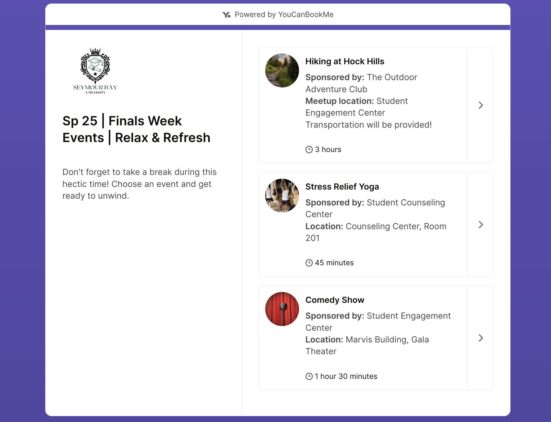 End of semester relaxation events booking page