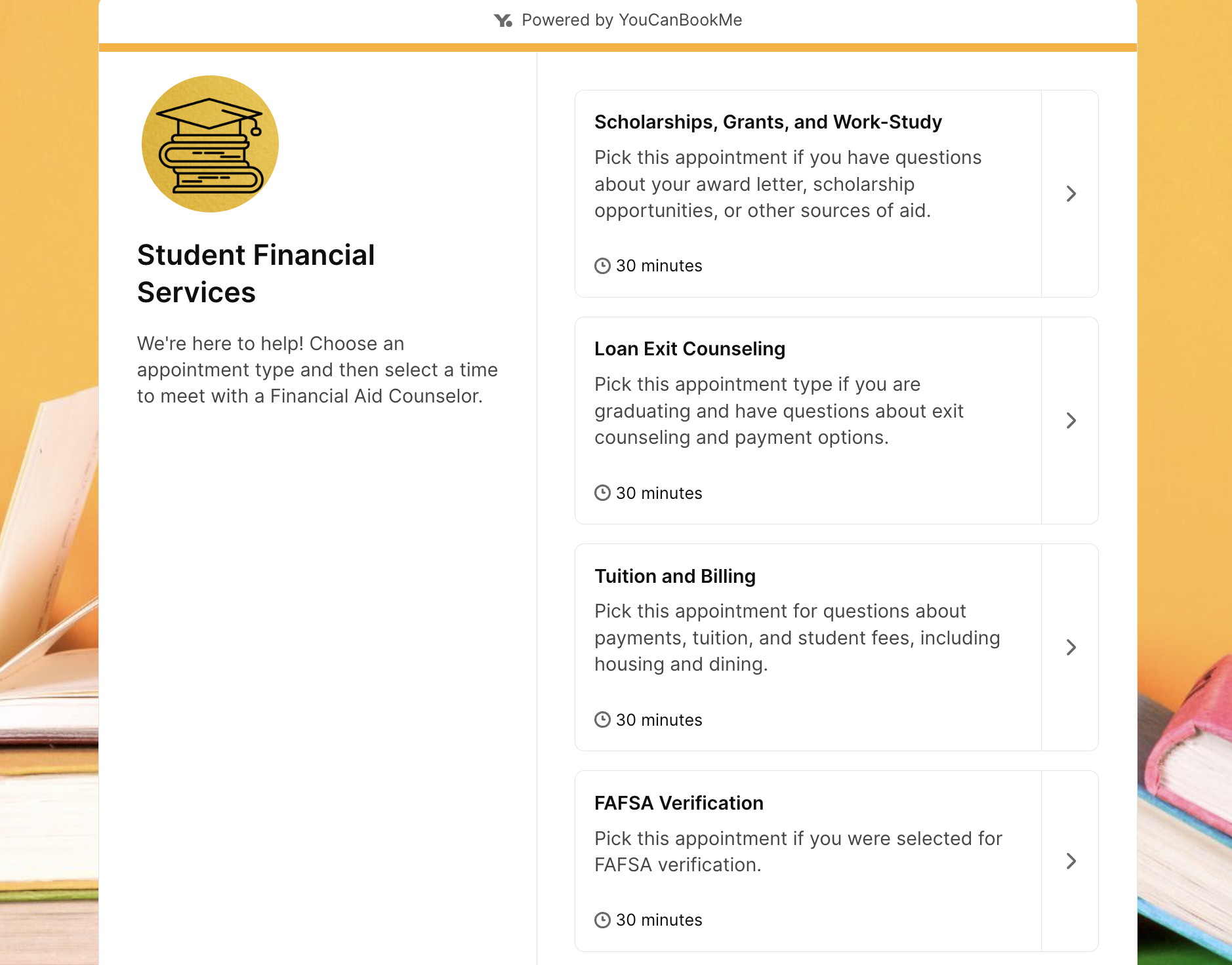 Student financial services booking page