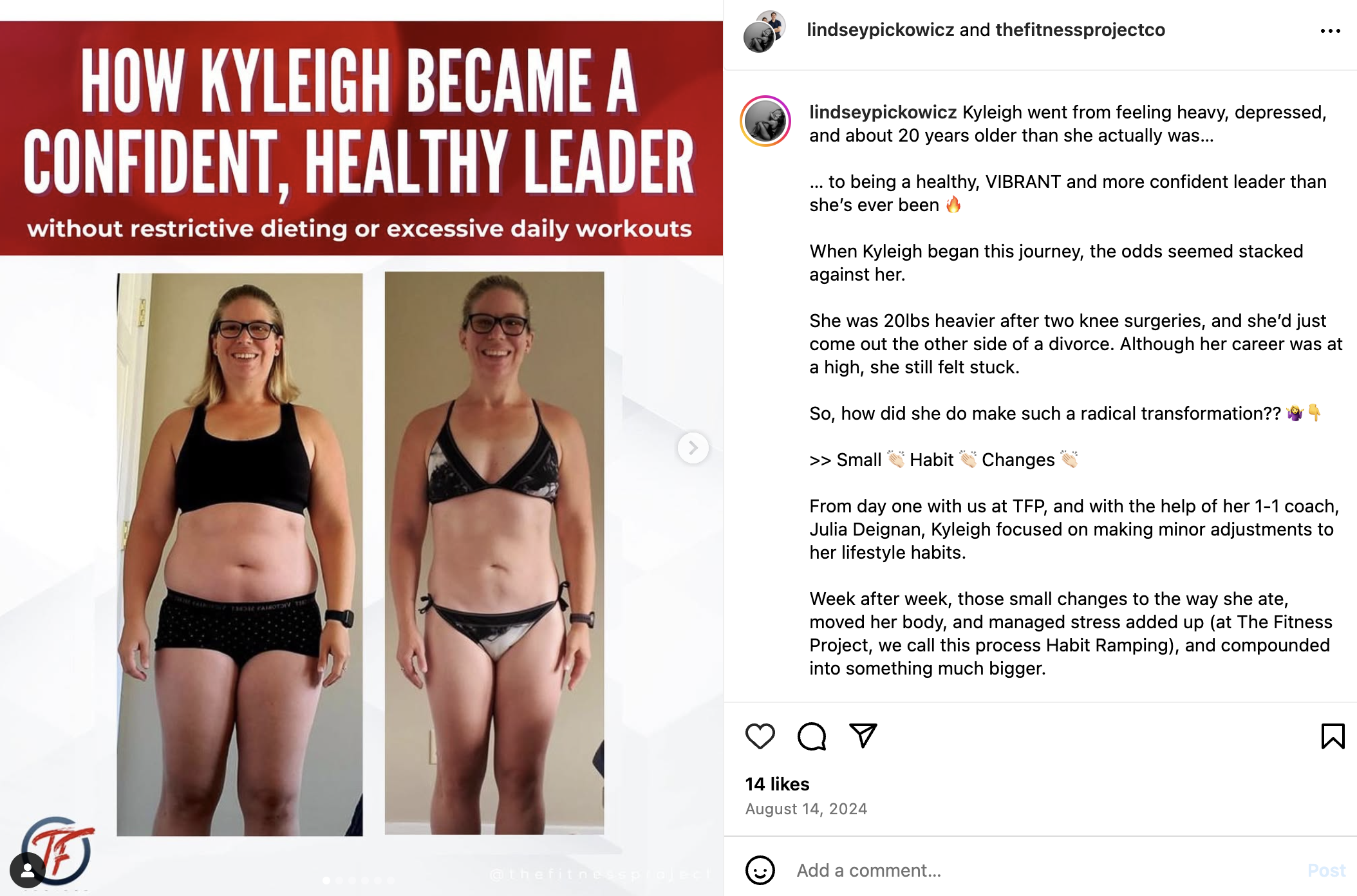 Personal training IG testimonial post example from The Fitness Project